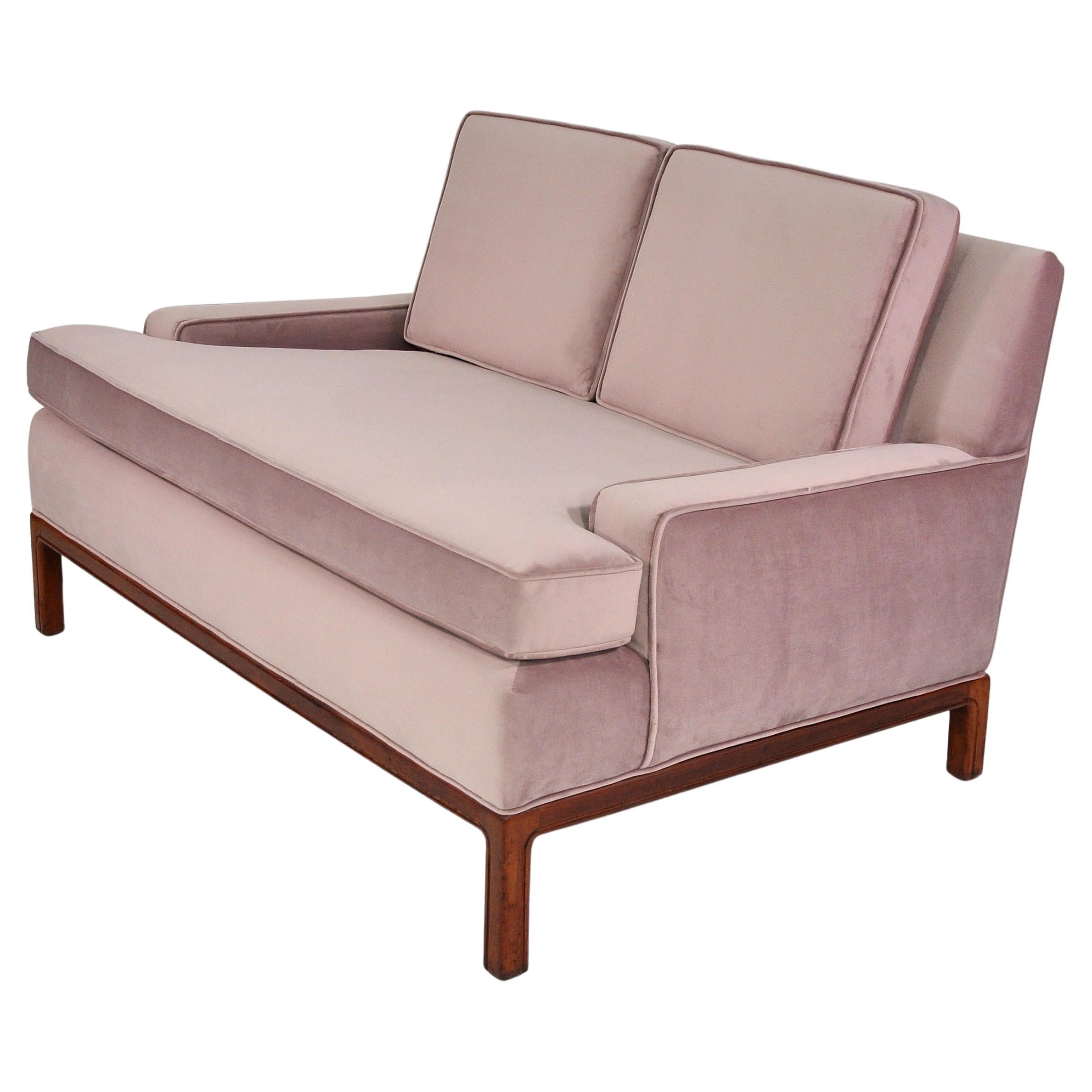 Walnut and Velvet Mid-Century Settee In Excellent Condition In Miami, FL