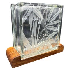 Mid-century Hawaiian Acid Etched Bamboo Glass Block Vase w/ Monkey Pod Wood Base