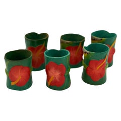 Mid Century Hawaiian Hand Carved Napkins Rings w/ Hand Painted Floral, Set of 6