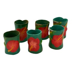 Mid Century Hawaiian Hand Carved Napkins Rings w/ Hand Painted Floral, Set of 6