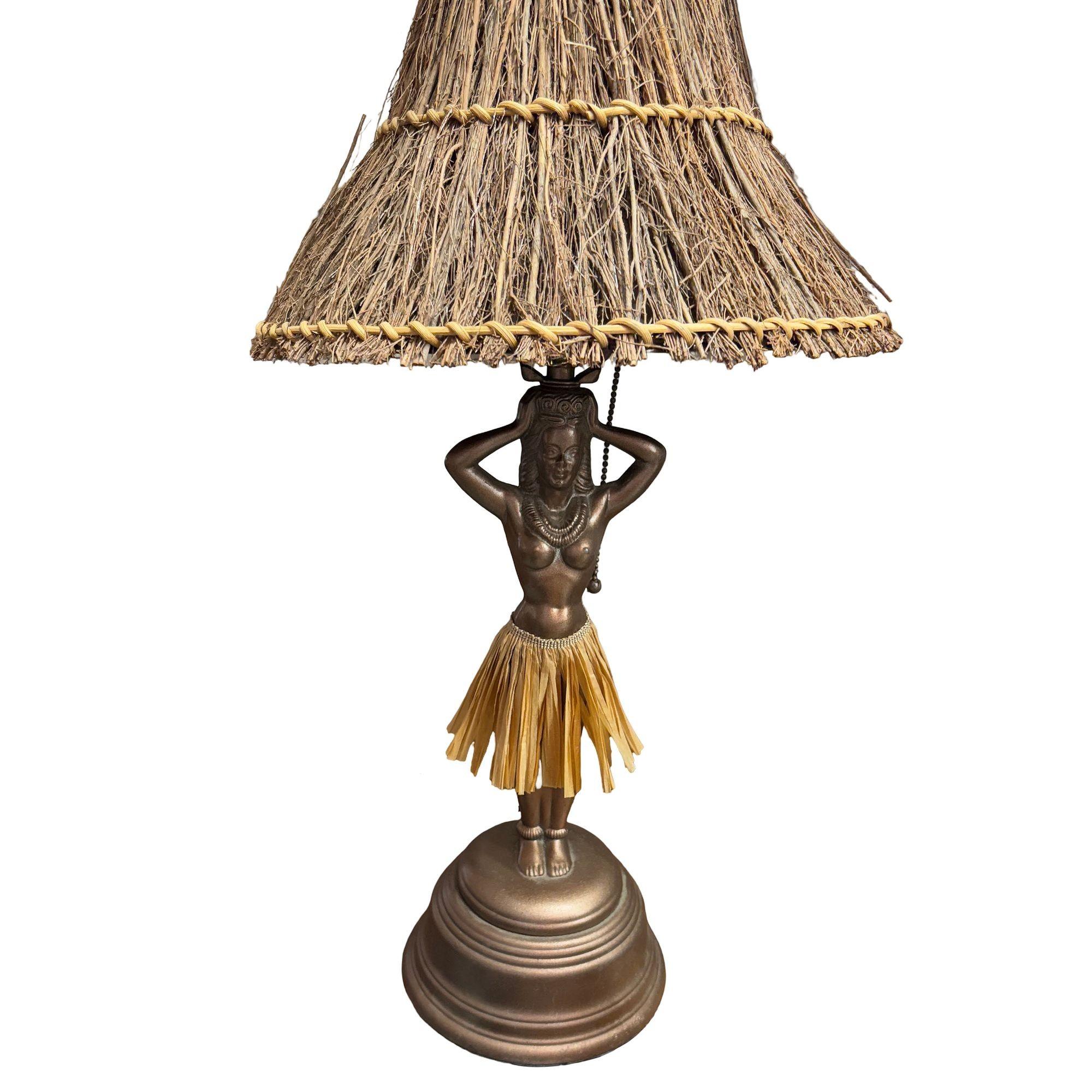 Lampada da tavolo Dodge Hawaiian hula girl con movimento danzante, originale della fine degli anni '40, in metallo ramato e spelta. Questo modello di lampada è noto come modello 