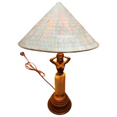 Mid-Century Hawaiian Hula Girl Copper Table Lamp by Dodge w/ Wicker Shade