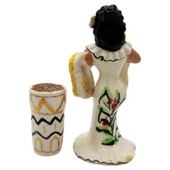 Mid-Century Hawaiian Hula Girl Lei Ceramic Figurine w/ Bongo
