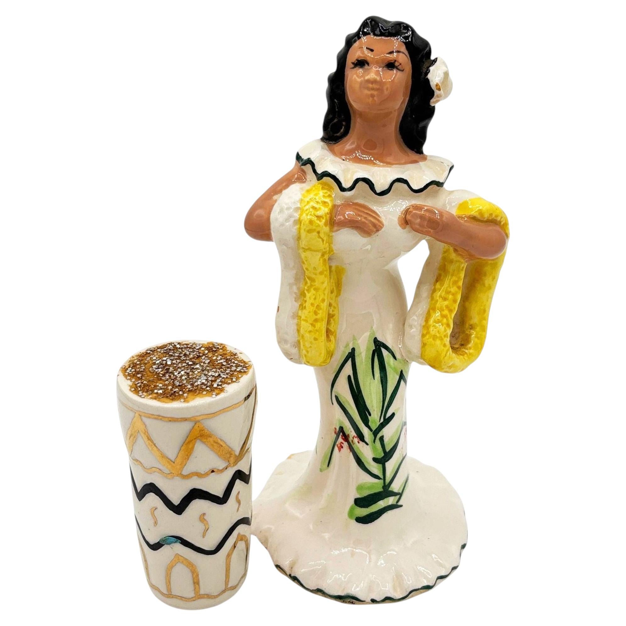 Mid-Century Hawaiian Hula Girl Lei Ceramic Figurine w/ Bongo