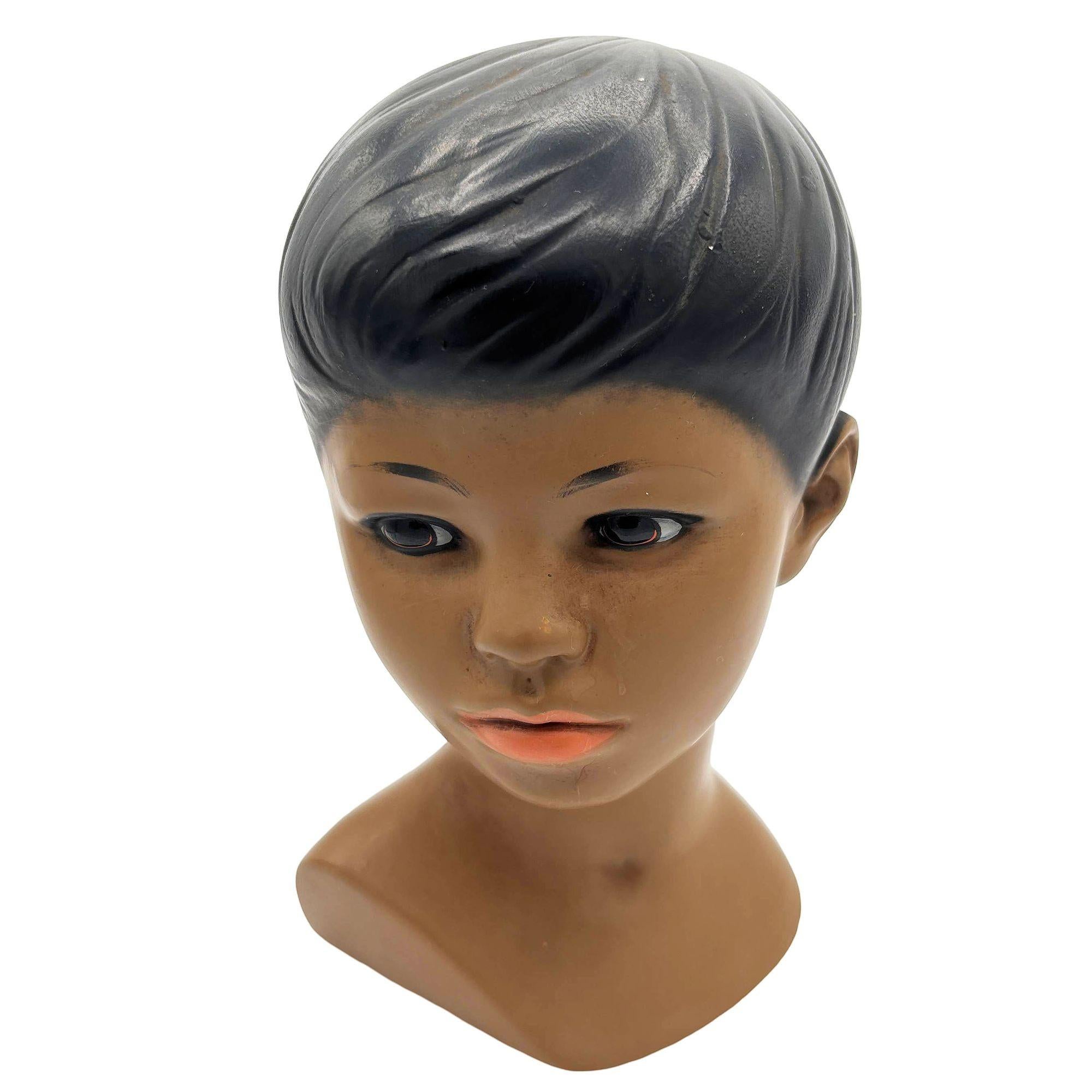 Ceramic Mid-century Hawaiian Polynesian Boy Chalkware Bust Statue by Marwal For Sale