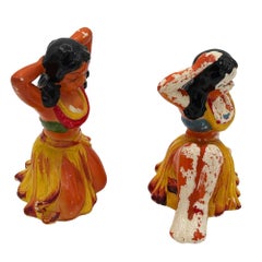 Mid-century Hawaiian Sitting Hula Girl Ceramic Figure Statue Set, Pair
