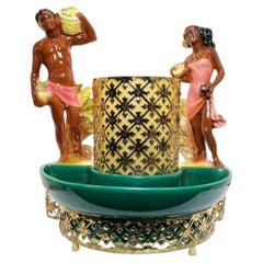 Mid-Century Hawaiian Themed Brass & Ceramic TV Lamp & Planter by Sierra Columbia