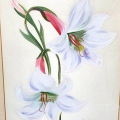 Mid-century Hawaiian Two Lilies Oil Painting on Paper signed E. Wolf, Framed