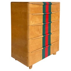 Mid-century Heywood Wakefield Tall Maple Chest, Painted Stripes, 5 Drawer