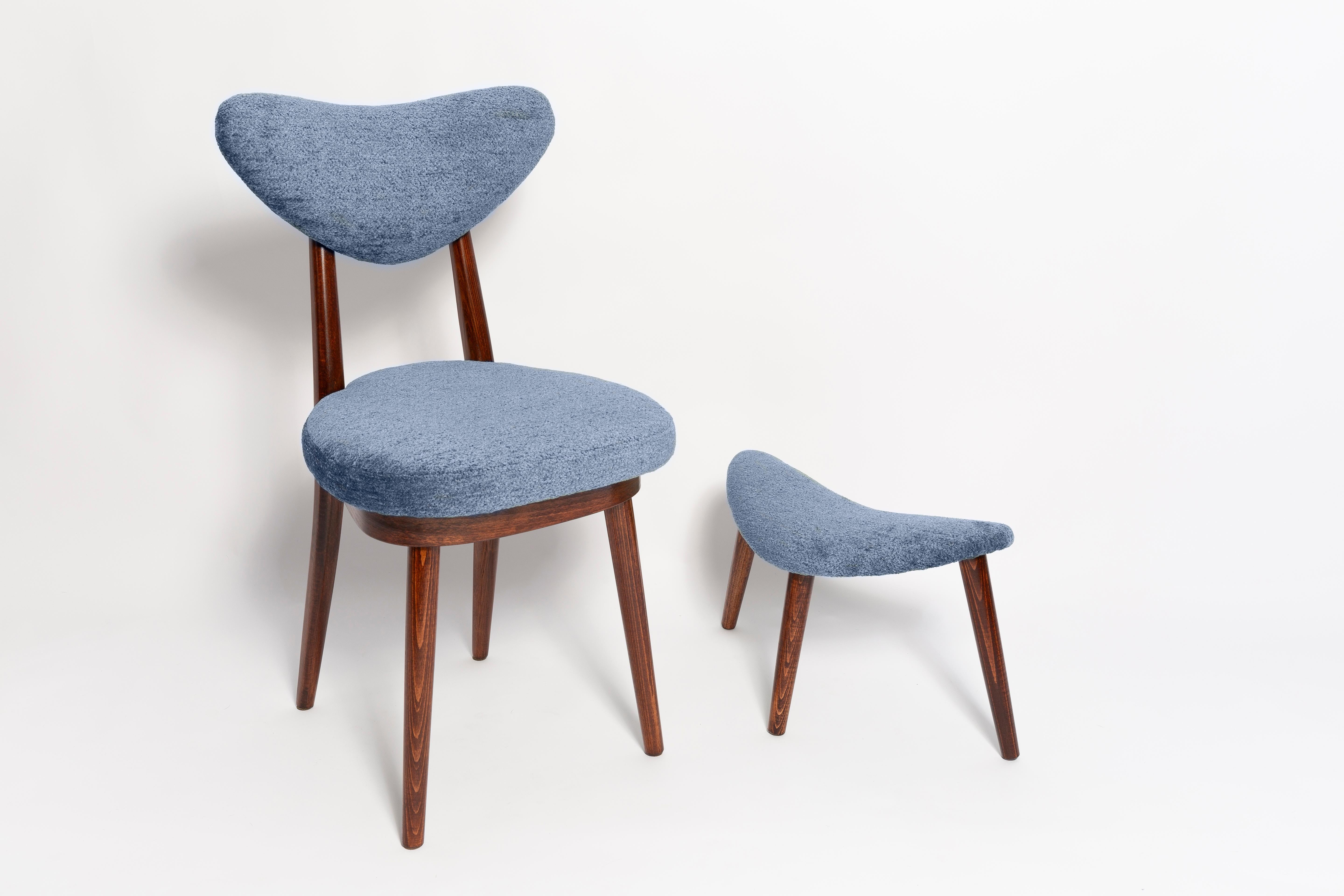 Mid-Century Modern Mid Century Heart Chair and Stool, Blue Velvet, Dark Wood, Europe 1960s For Sale