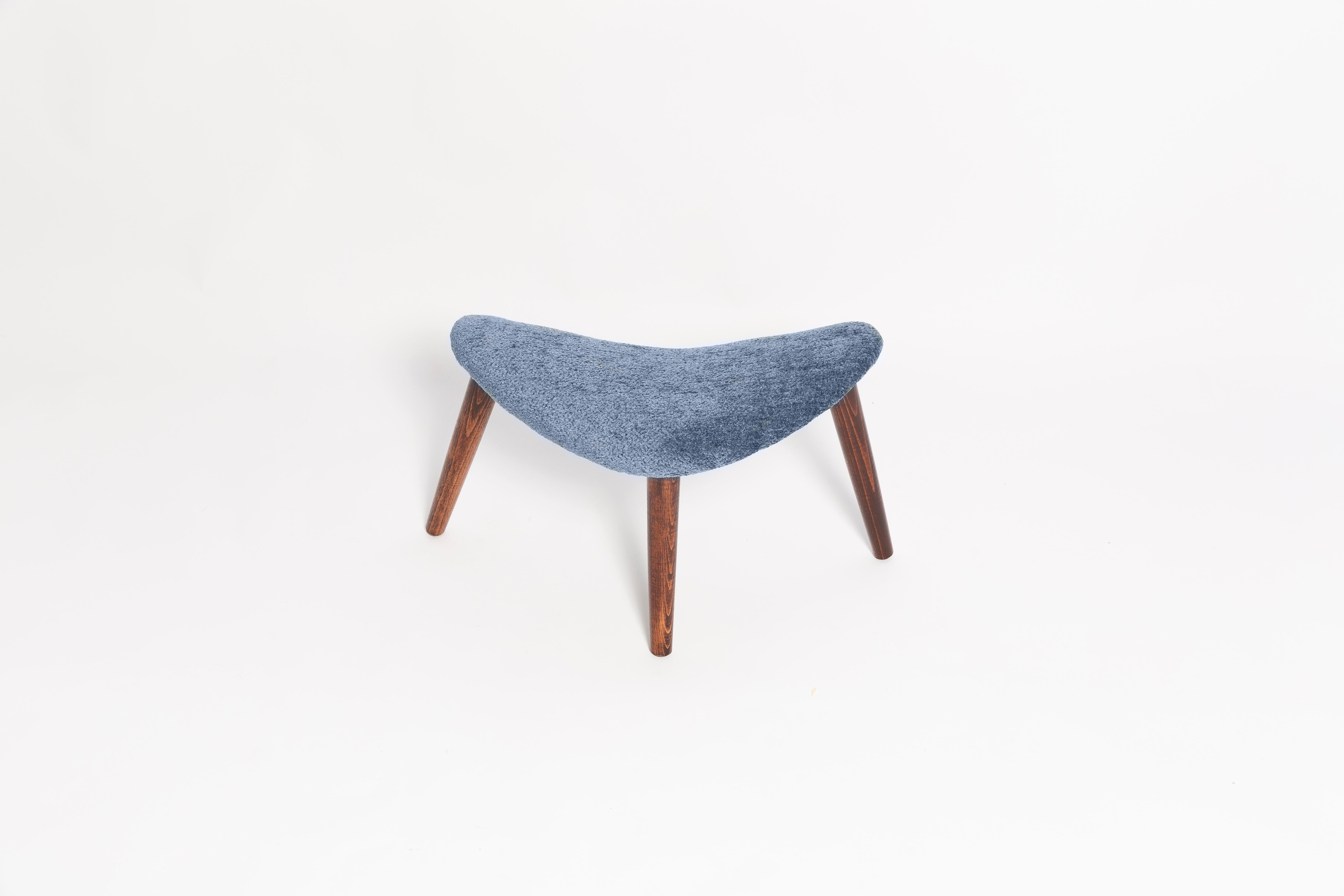 Fabric Mid Century Heart Chair and Stool, Blue Velvet, Dark Wood, Europe 1960s For Sale