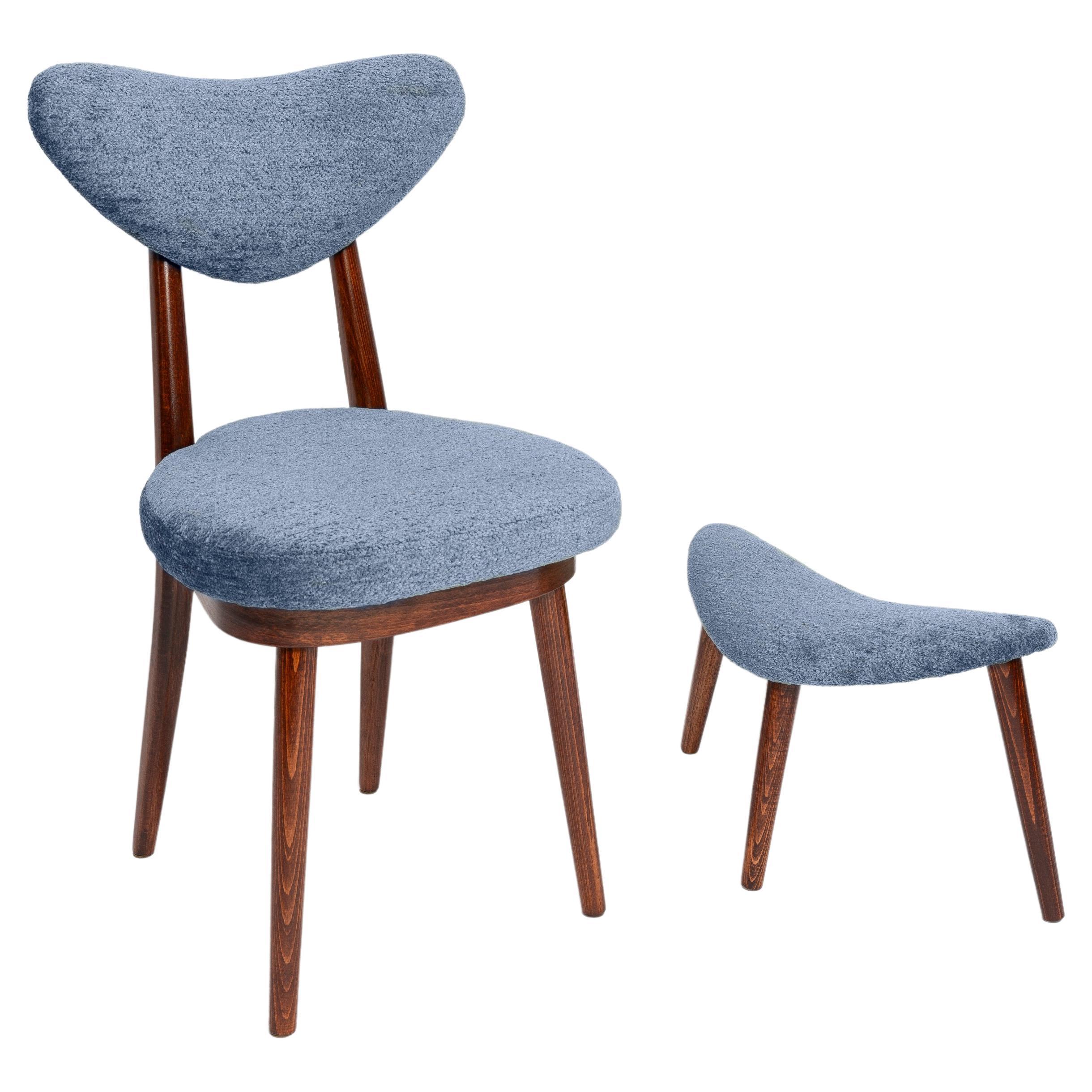 Mid Century Heart Chair and Stool, Blue Velvet, Dark Wood, Europe 1960s For Sale