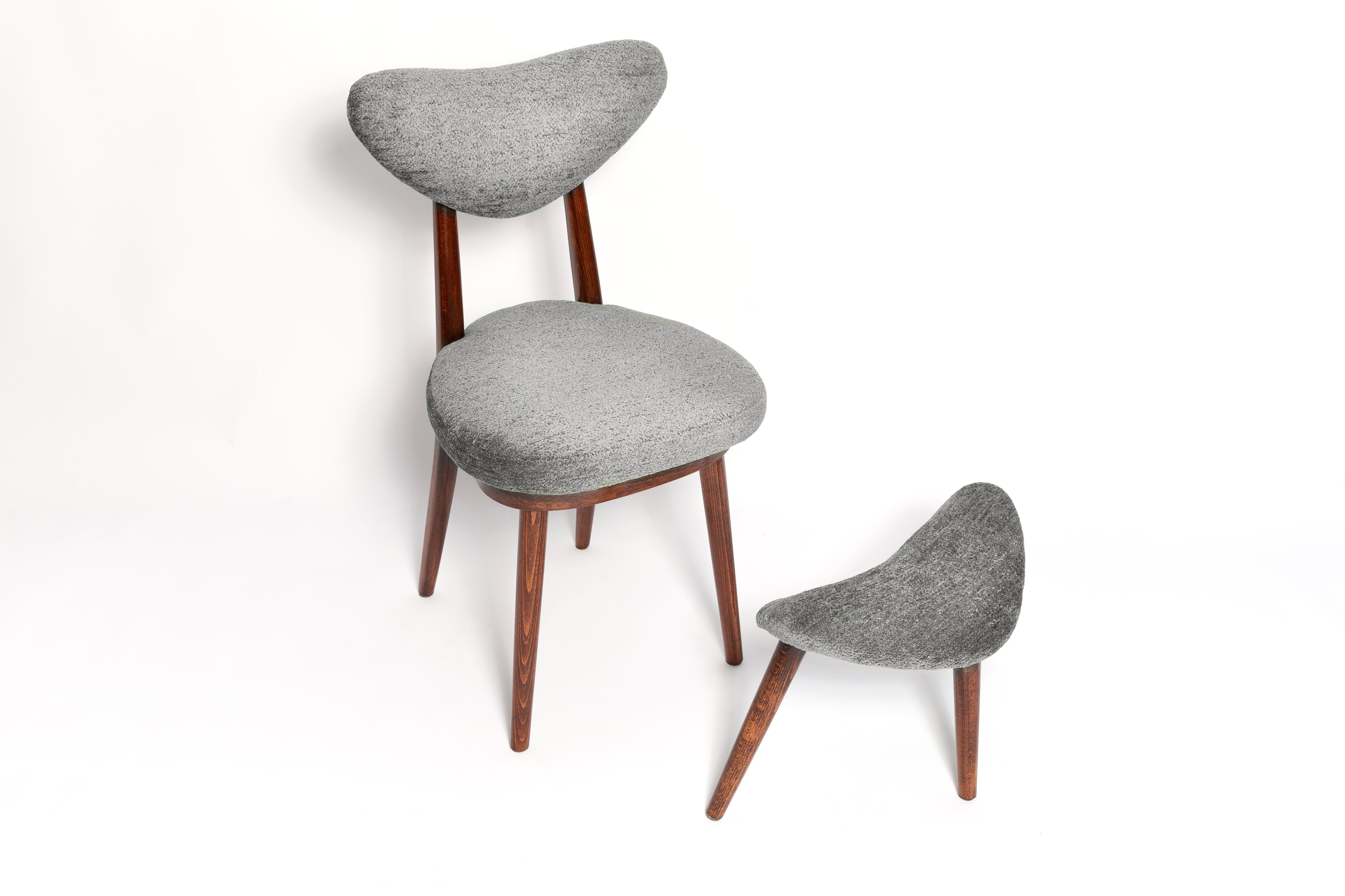 Mid-Century Modern Mid Century Heart Chair and Stool, Gray Velvet, Dark Wood, Europe 1960s For Sale