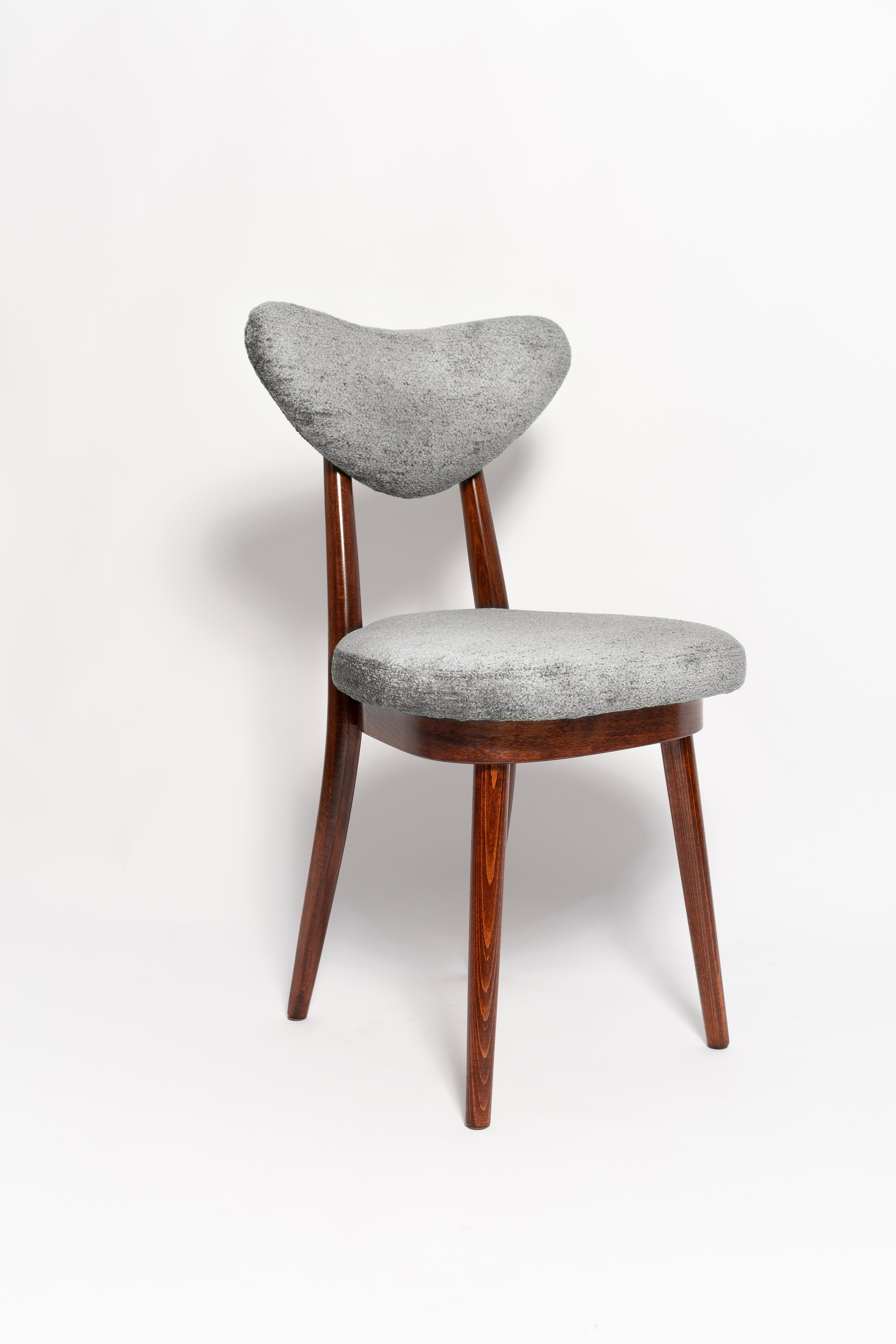 Polish Mid Century Heart Chair and Stool, Gray Velvet, Dark Wood, Europe 1960s For Sale