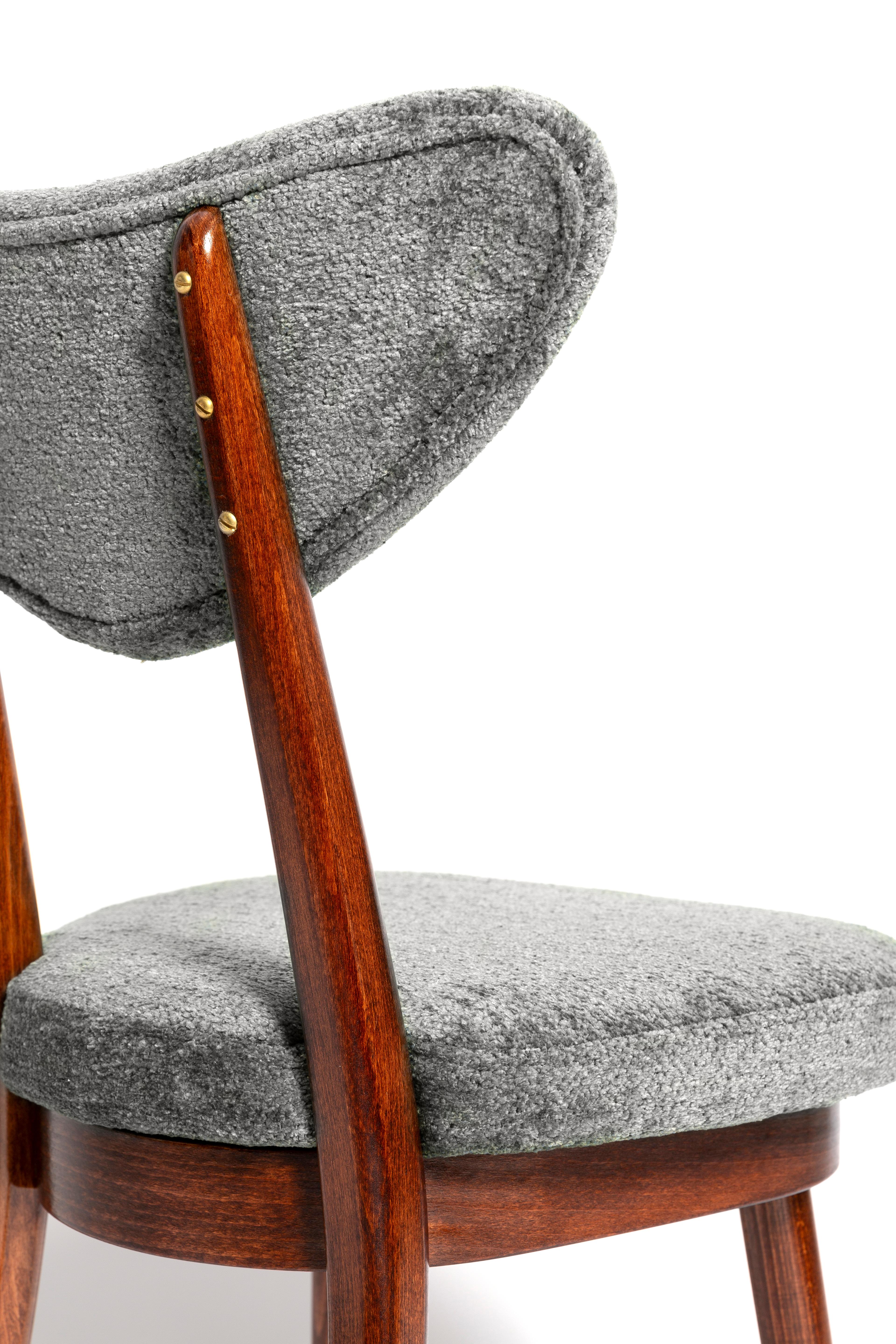 20th Century Mid Century Heart Chair and Stool, Gray Velvet, Dark Wood, Europe 1960s For Sale