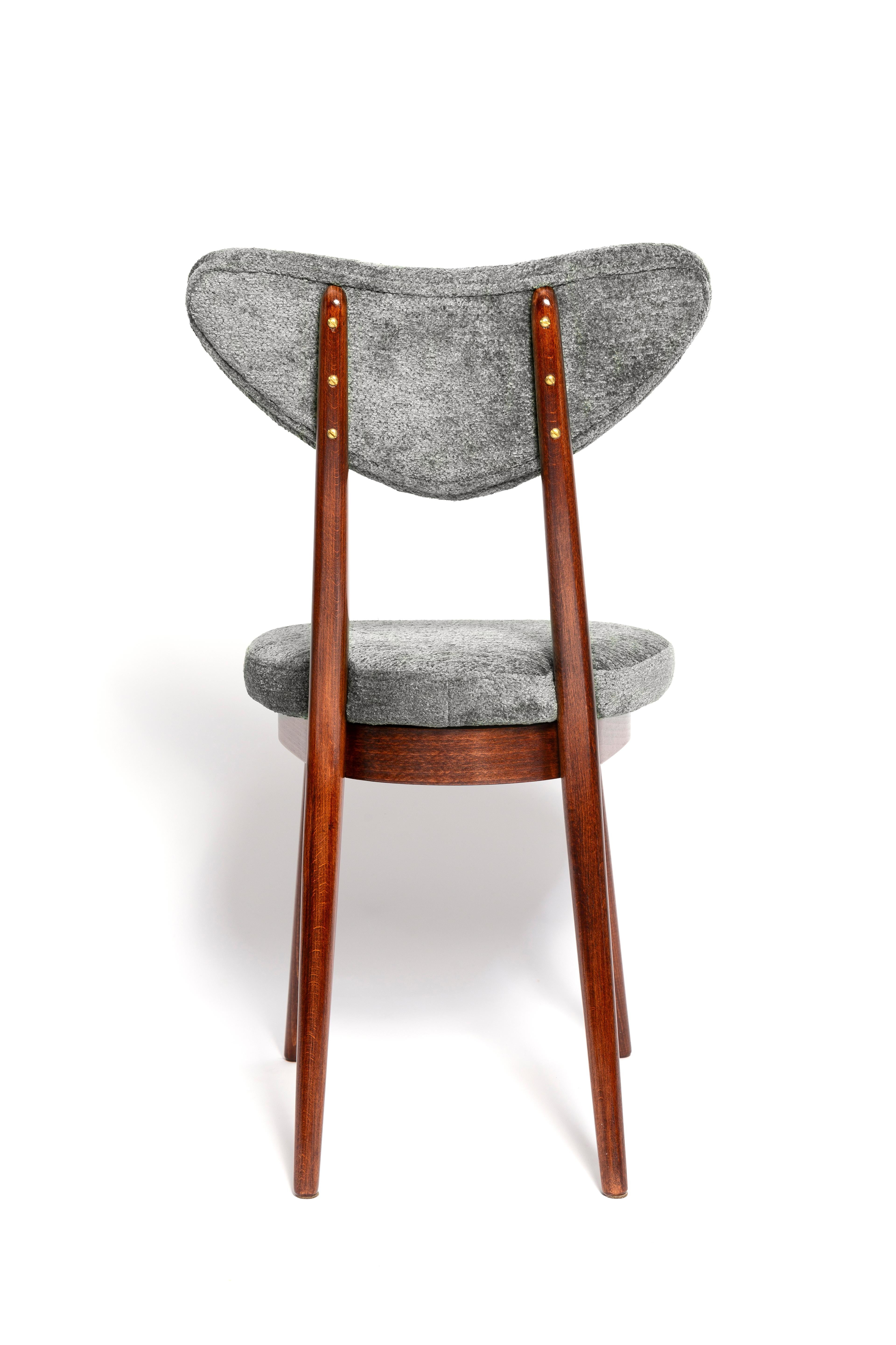 Fabric Mid Century Heart Chair and Stool, Gray Velvet, Dark Wood, Europe 1960s For Sale