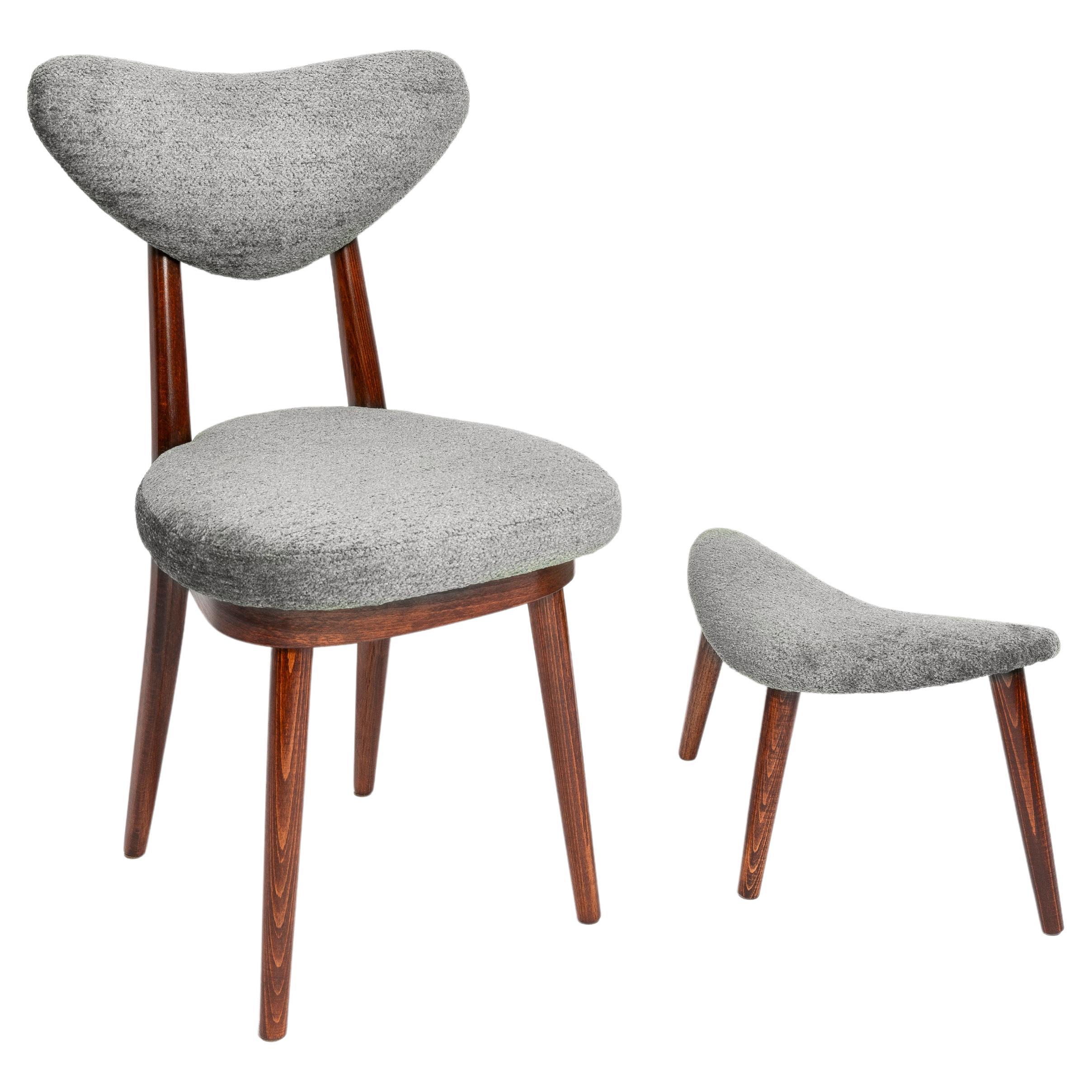 Mid Century Heart Chair and Stool, Gray Velvet, Dark Wood, Europe 1960s For Sale