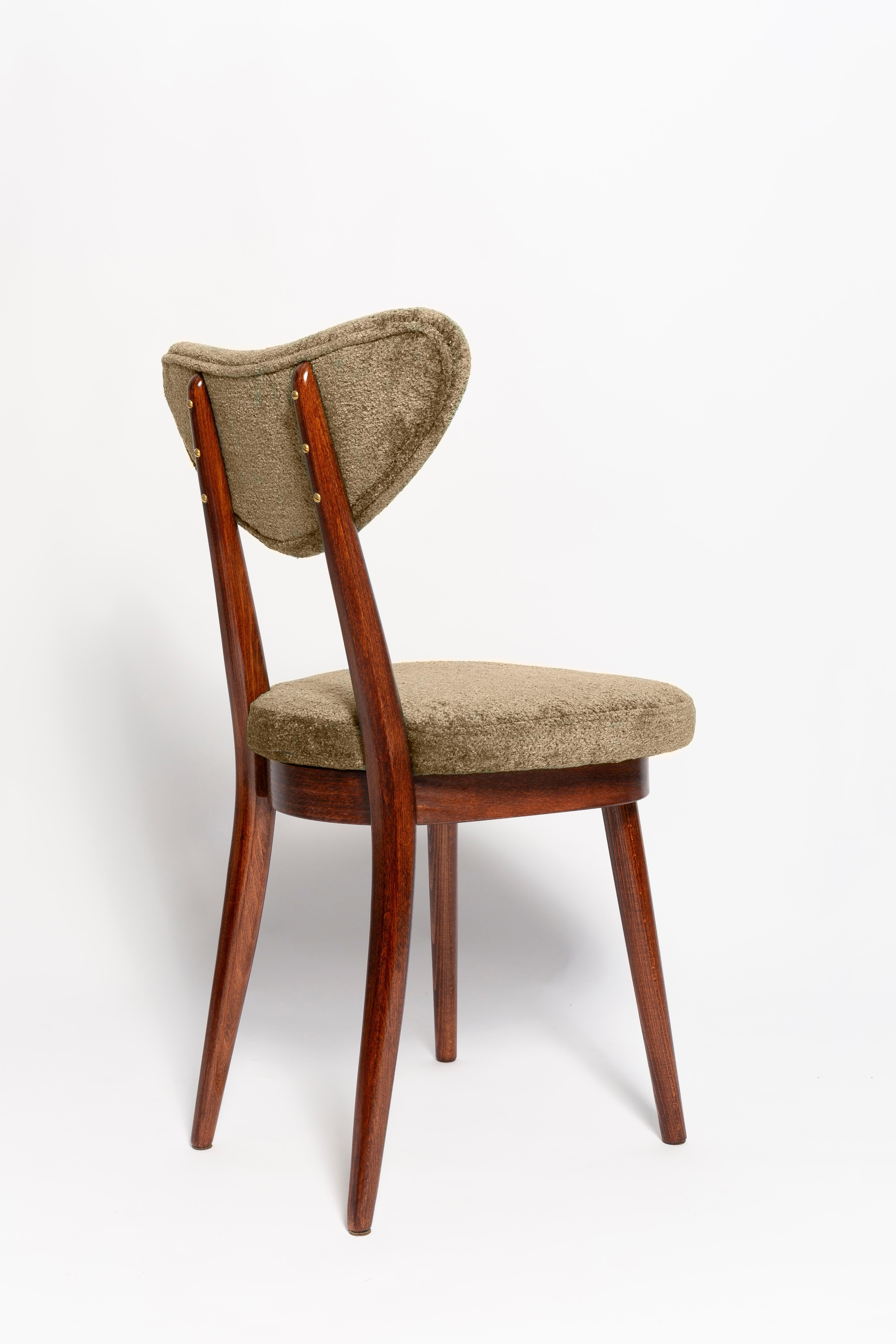 Polish Mid Century Heart Chair and Stool, Green Olive Velvet, Dark Wood, Europe 1960s For Sale