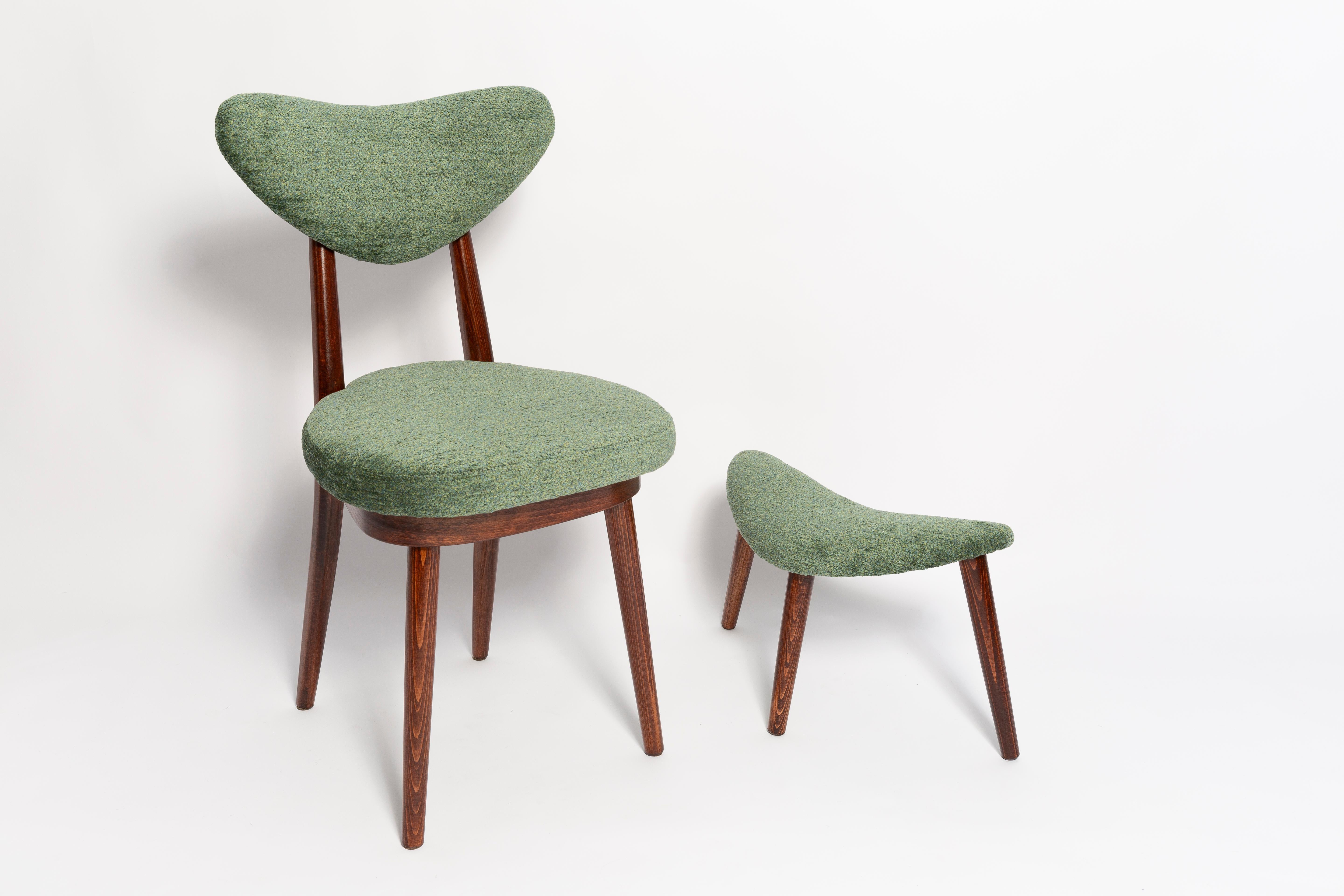 Mid-Century Modern Mid Century Heart Chair and Stool, Green Velvet, Dark Wood, Europe 1960s For Sale