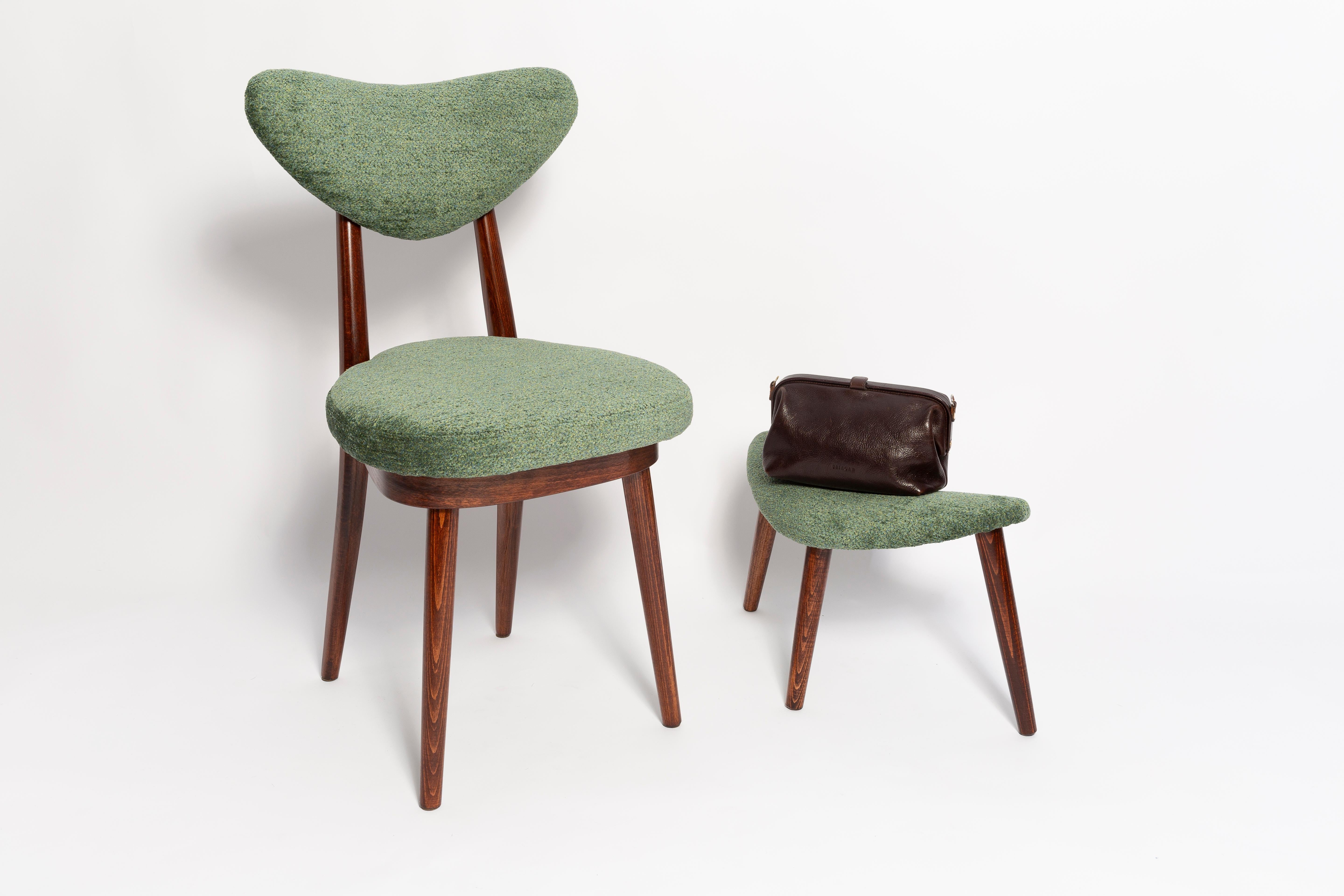 Polish Mid Century Heart Chair and Stool, Green Velvet, Dark Wood, Europe 1960s For Sale