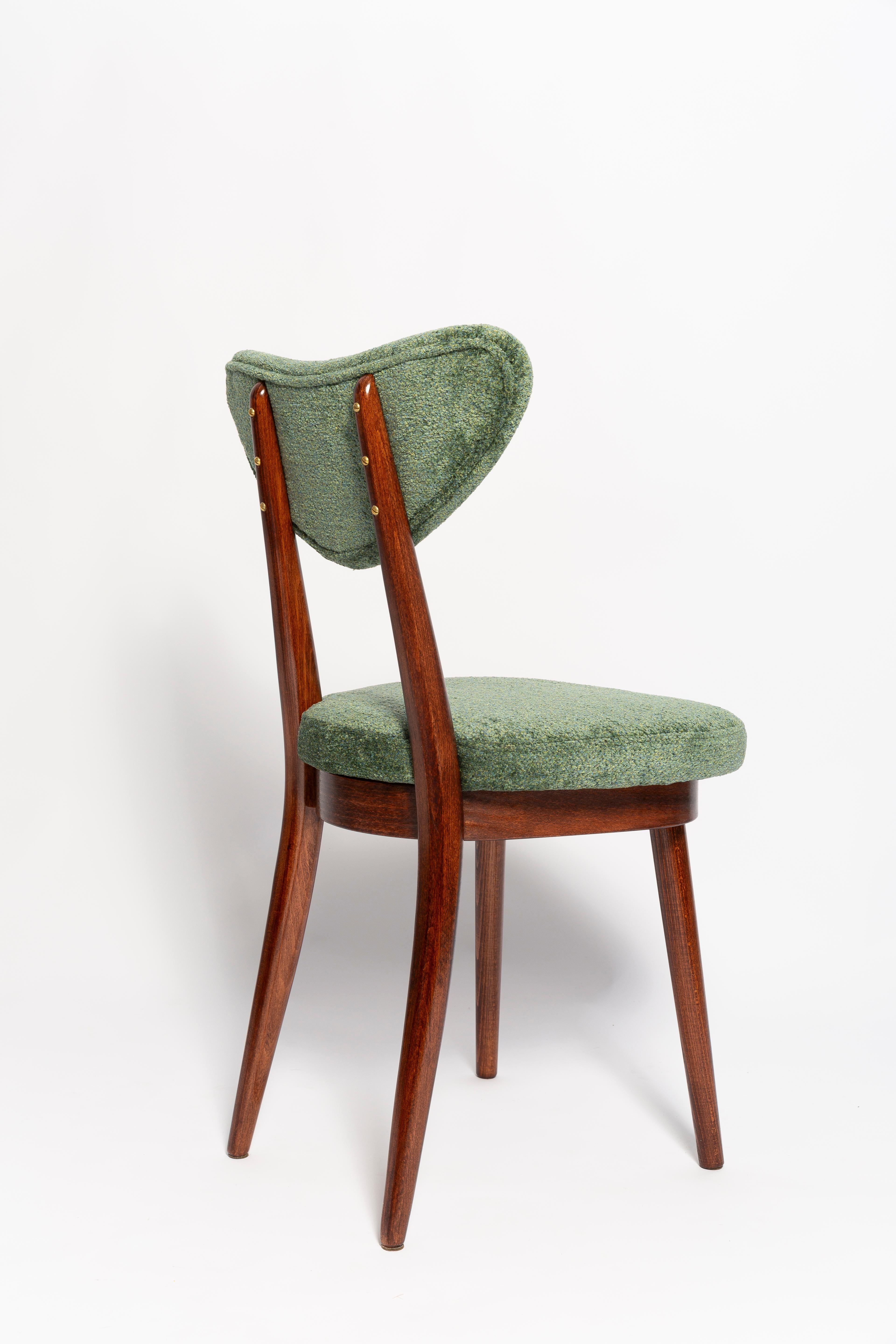 Hand-Crafted Mid Century Heart Chair and Stool, Green Velvet, Dark Wood, Europe 1960s For Sale