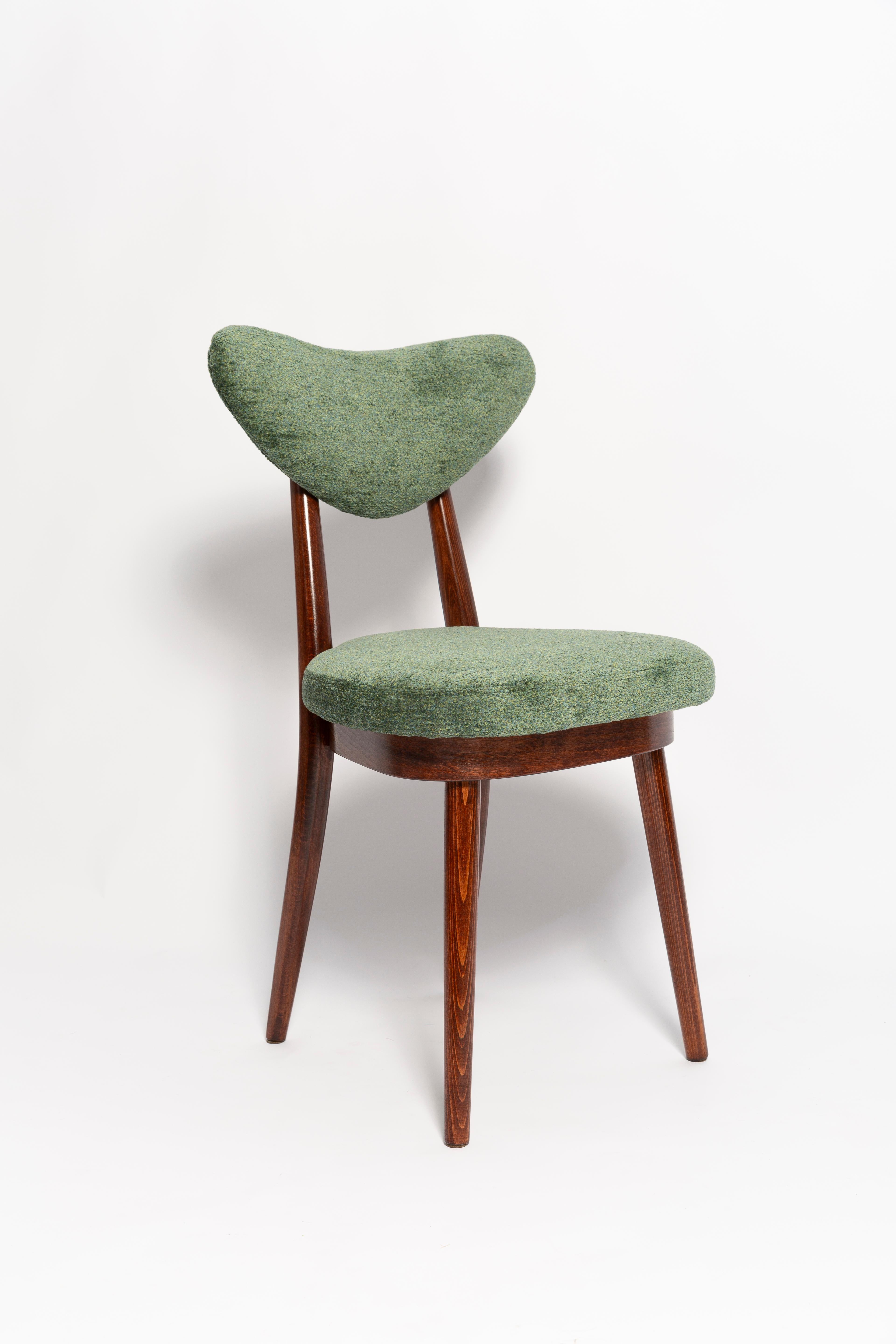 Fabric Mid Century Heart Chair and Stool, Green Velvet, Dark Wood, Europe 1960s For Sale