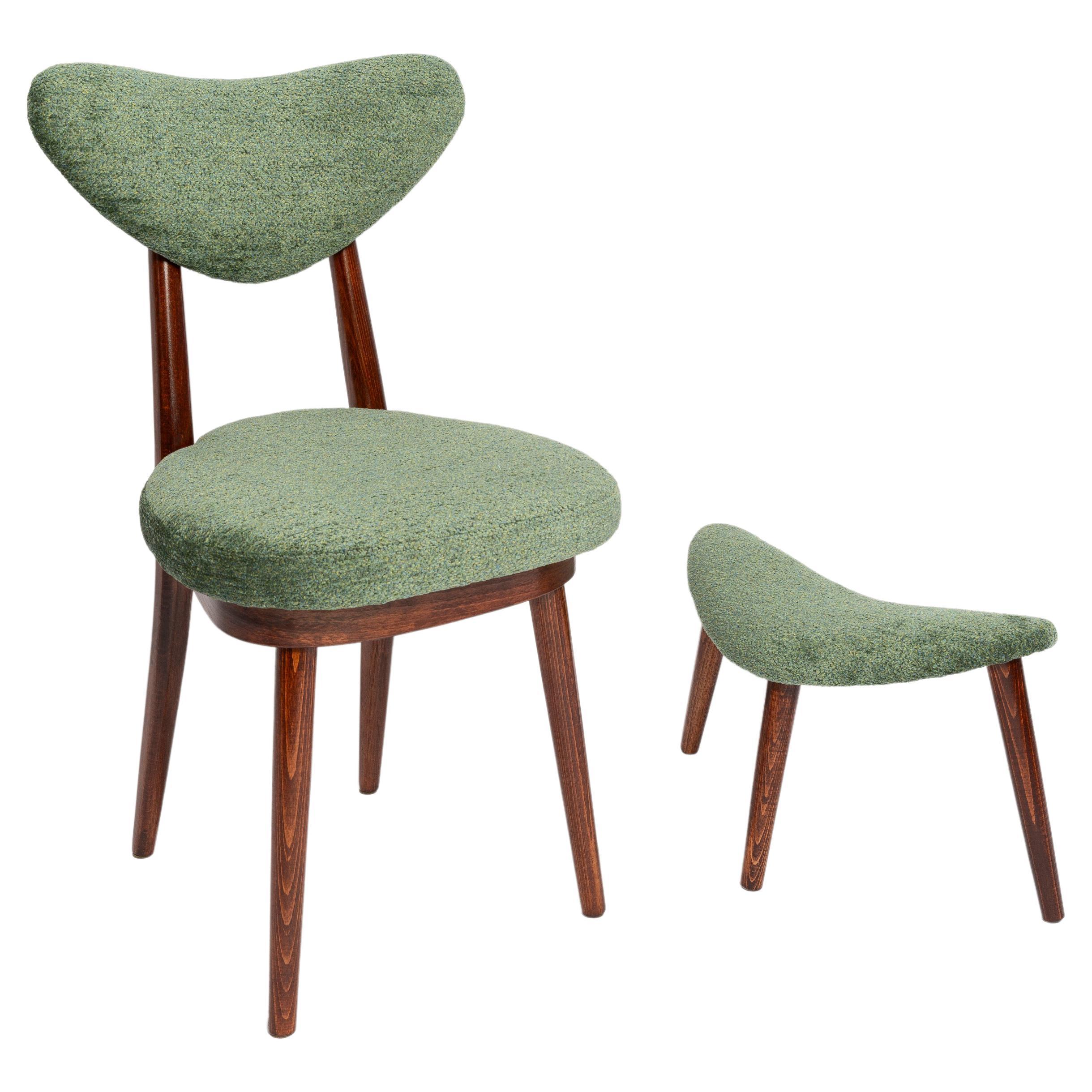 Mid Century Heart Chair and Stool, Green Velvet, Dark Wood, Europe 1960s For Sale