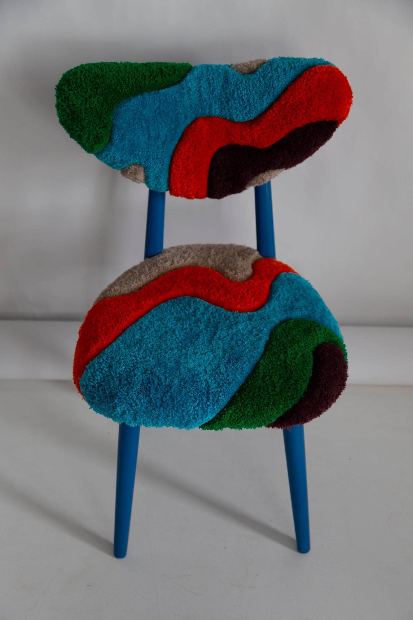 Sedia a cuore di metà secolo in lana blu e verde con trapuntatura a mano, Europa, Polonia, anni '60 in vendita 3