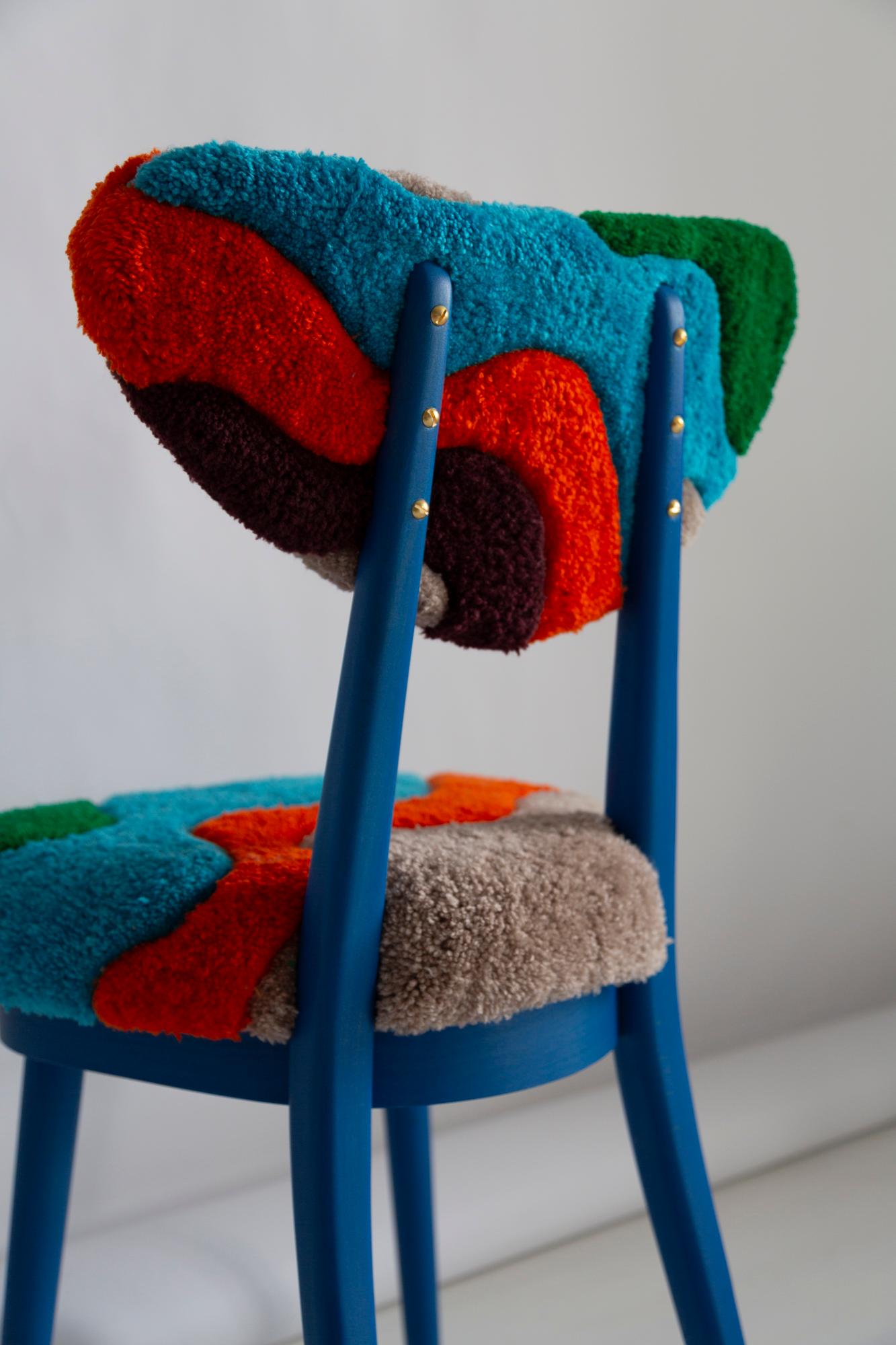 Sedia a cuore di metà secolo in lana blu e verde con trapuntatura a mano, Europa, Polonia, anni '60 in vendita 1