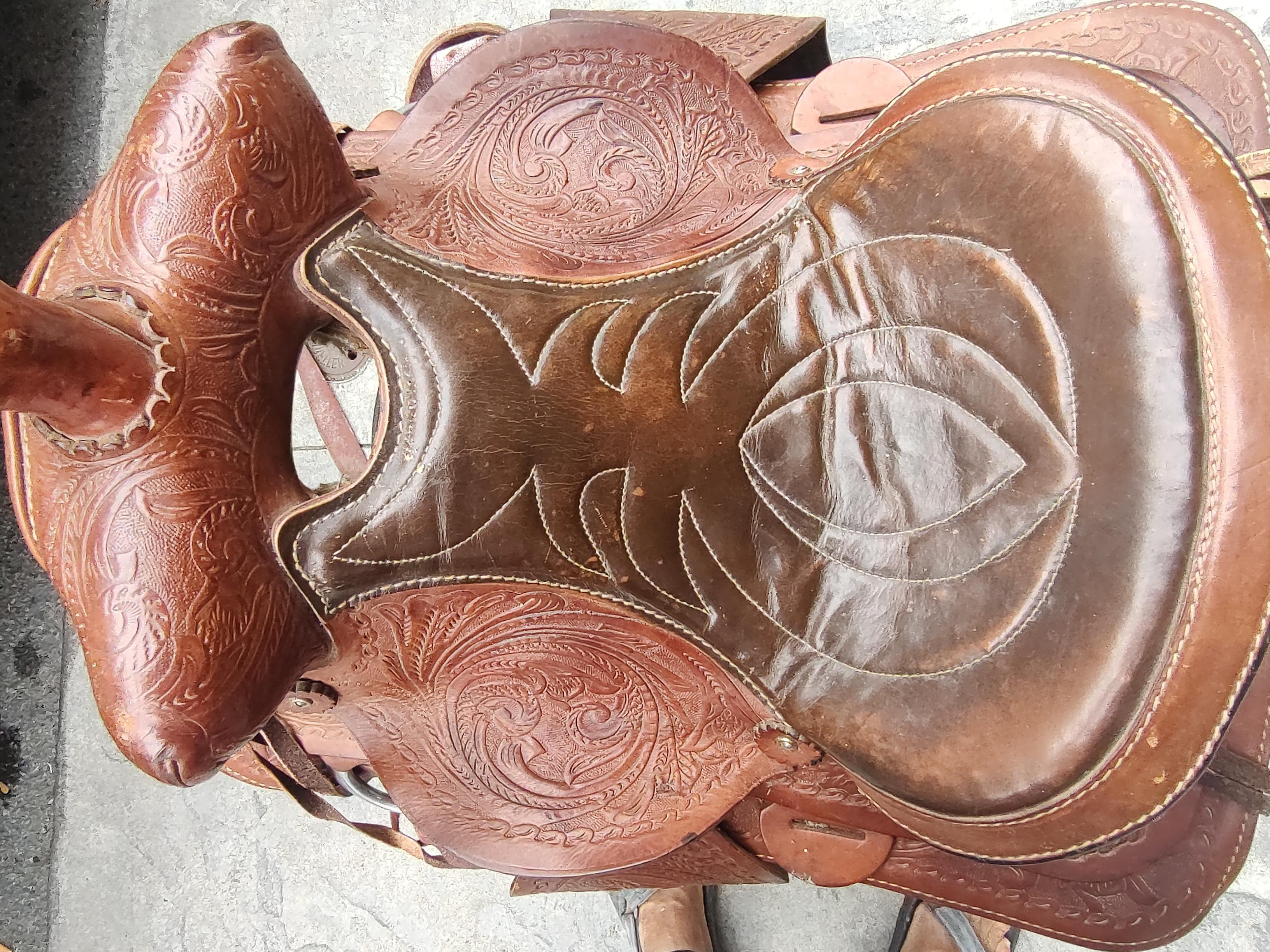 Aluminum Mid Century Heavily Tooled Western Leather Saddle For Sale
