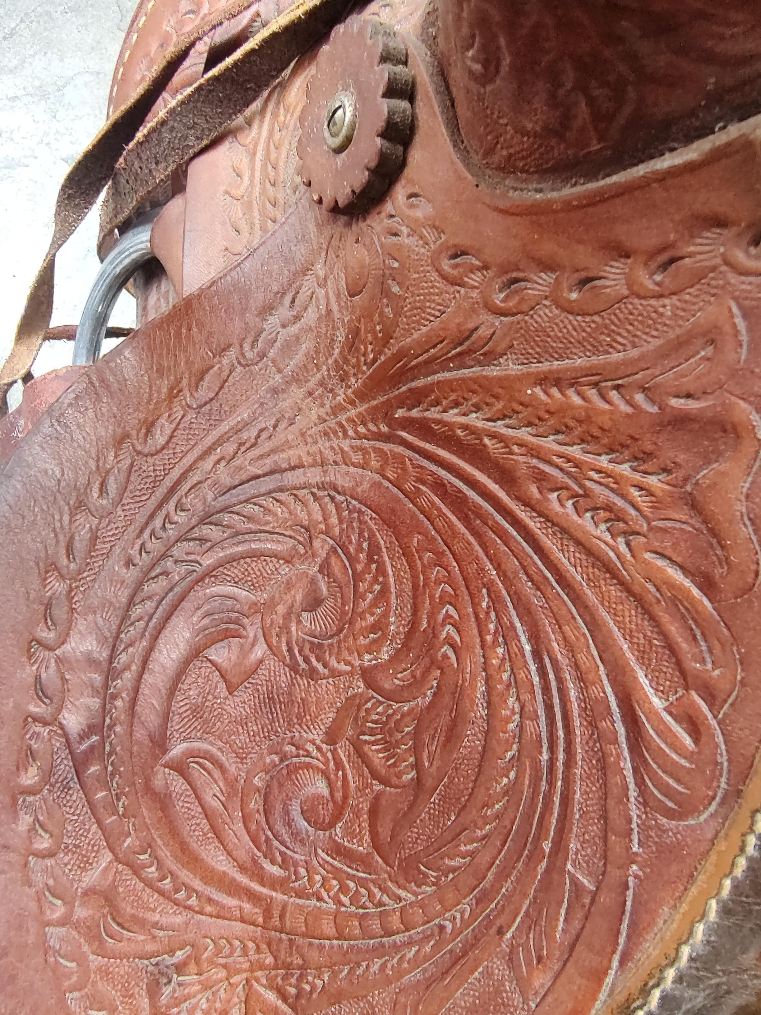 Mid Century Heavily Tooled Western Leather Saddle For Sale 1