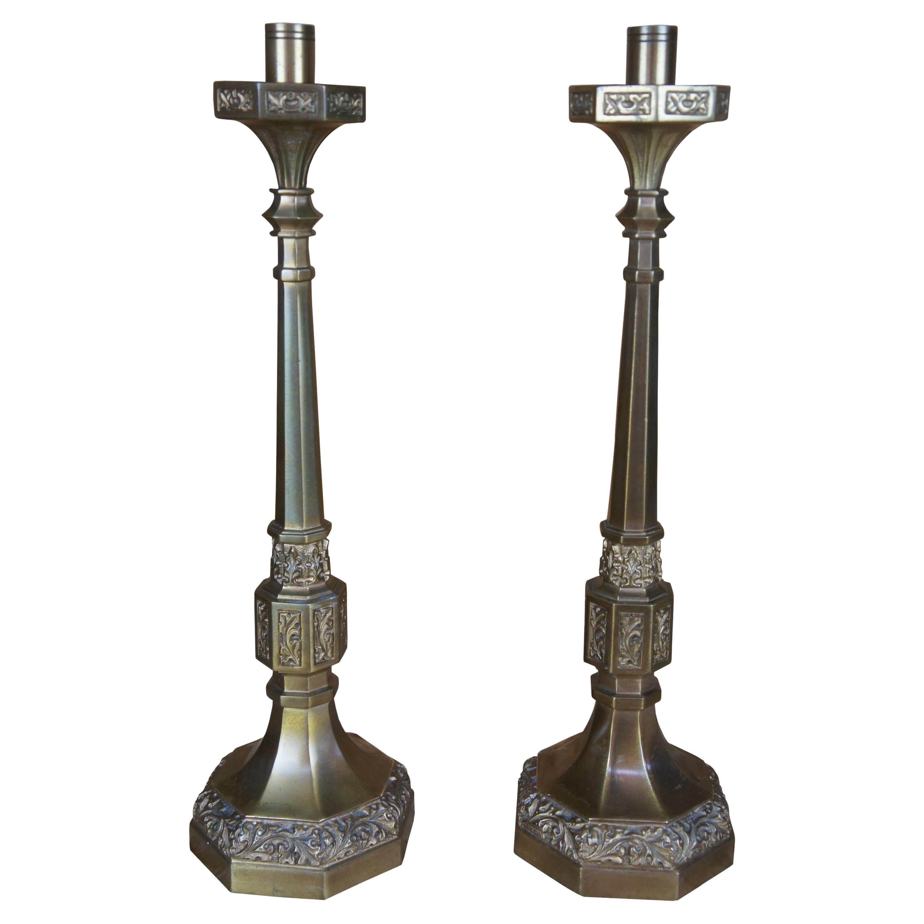 Large Pair of Brass and Blackened Wood Church Altar Candlesticks Candle