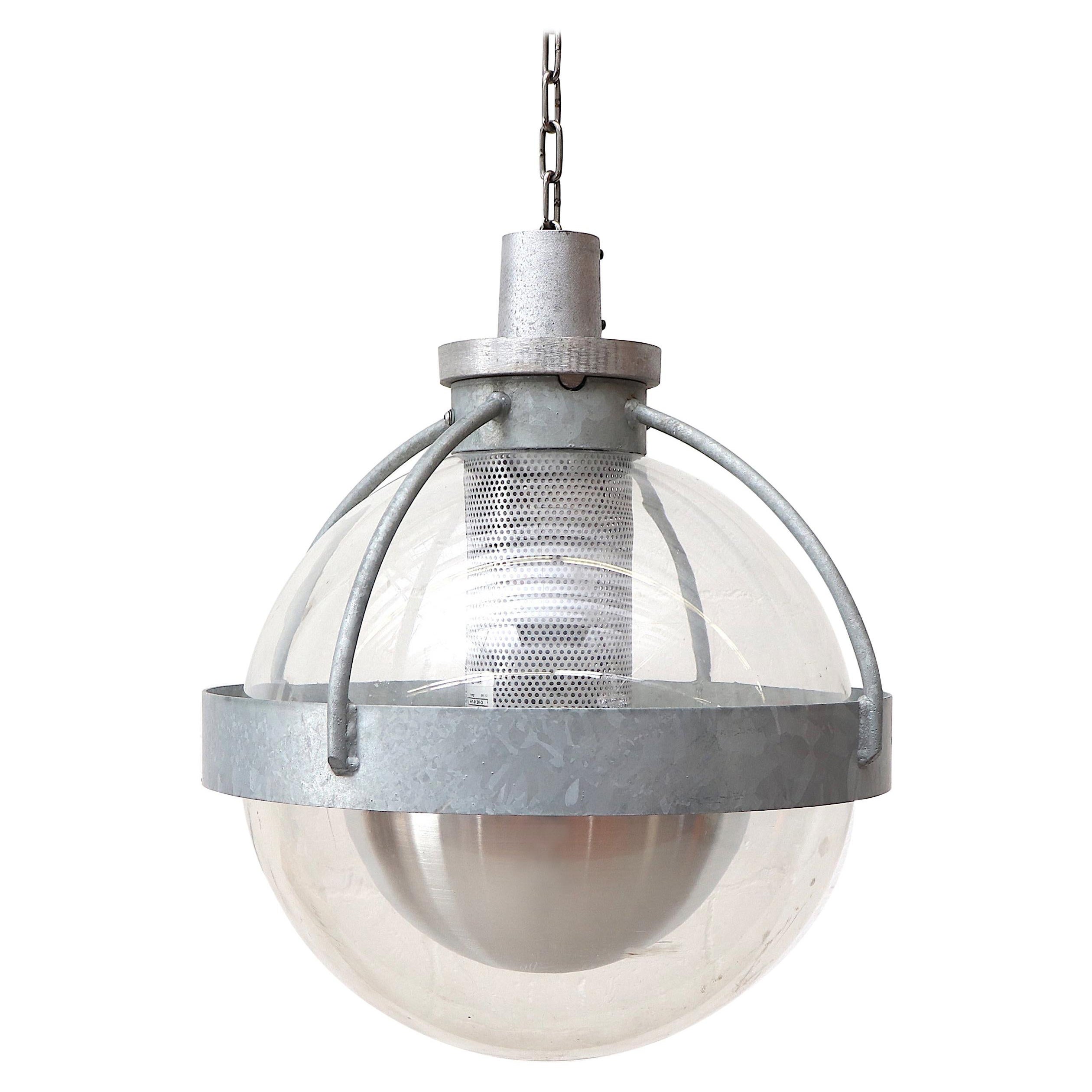 Mid-Century Heavy Industrial Galvanized Metal and Acrylic Globe Pendants