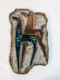Mid Century Helmut Schaffenacker, Germany Pottery Wall Plaque Horses, c1960s
