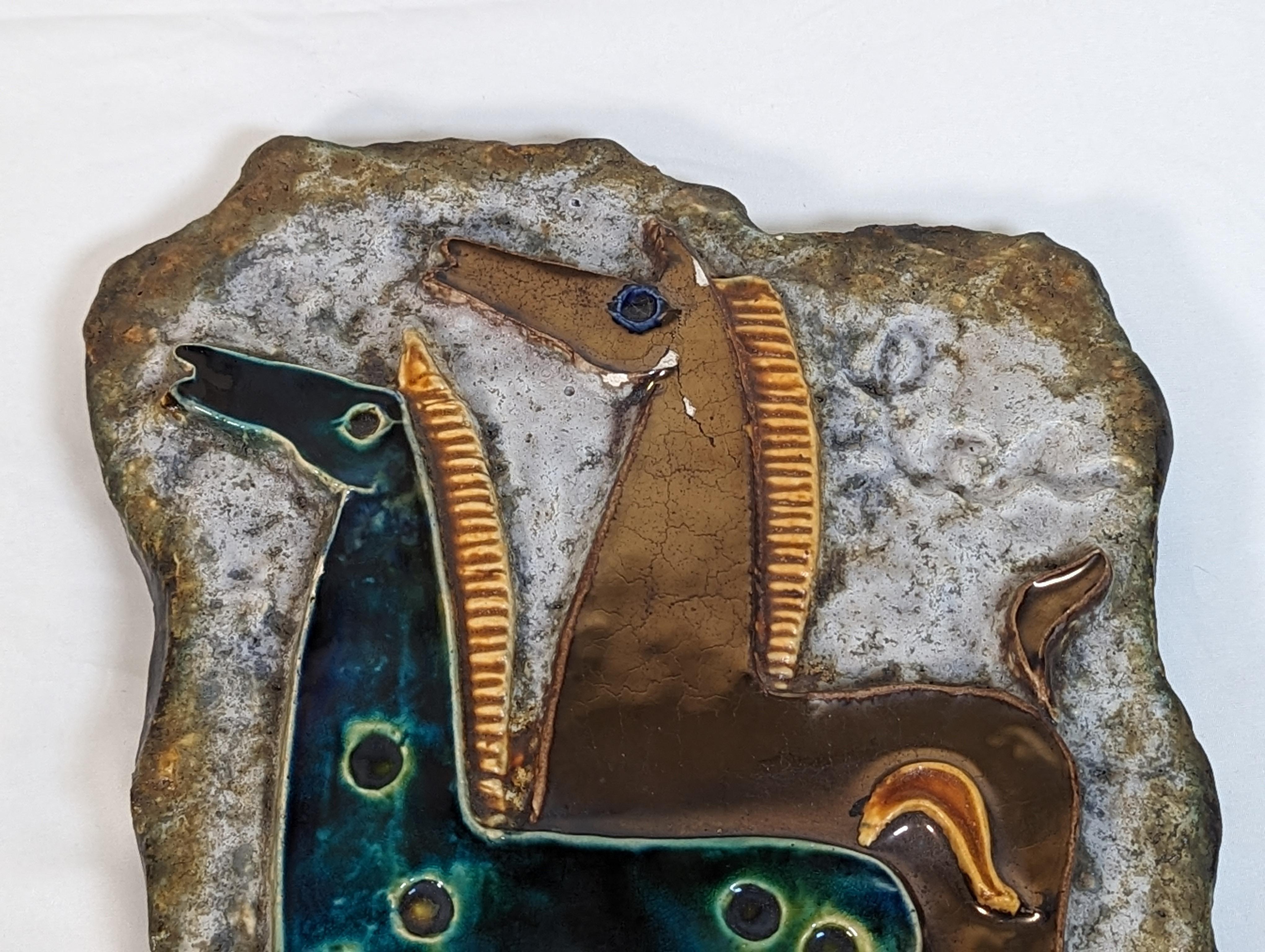Mid Century Helmut Schaffenacker, Germany Pottery Wall Plaque Horses, c1960s In Good Condition For Sale In Chino Hills, CA
