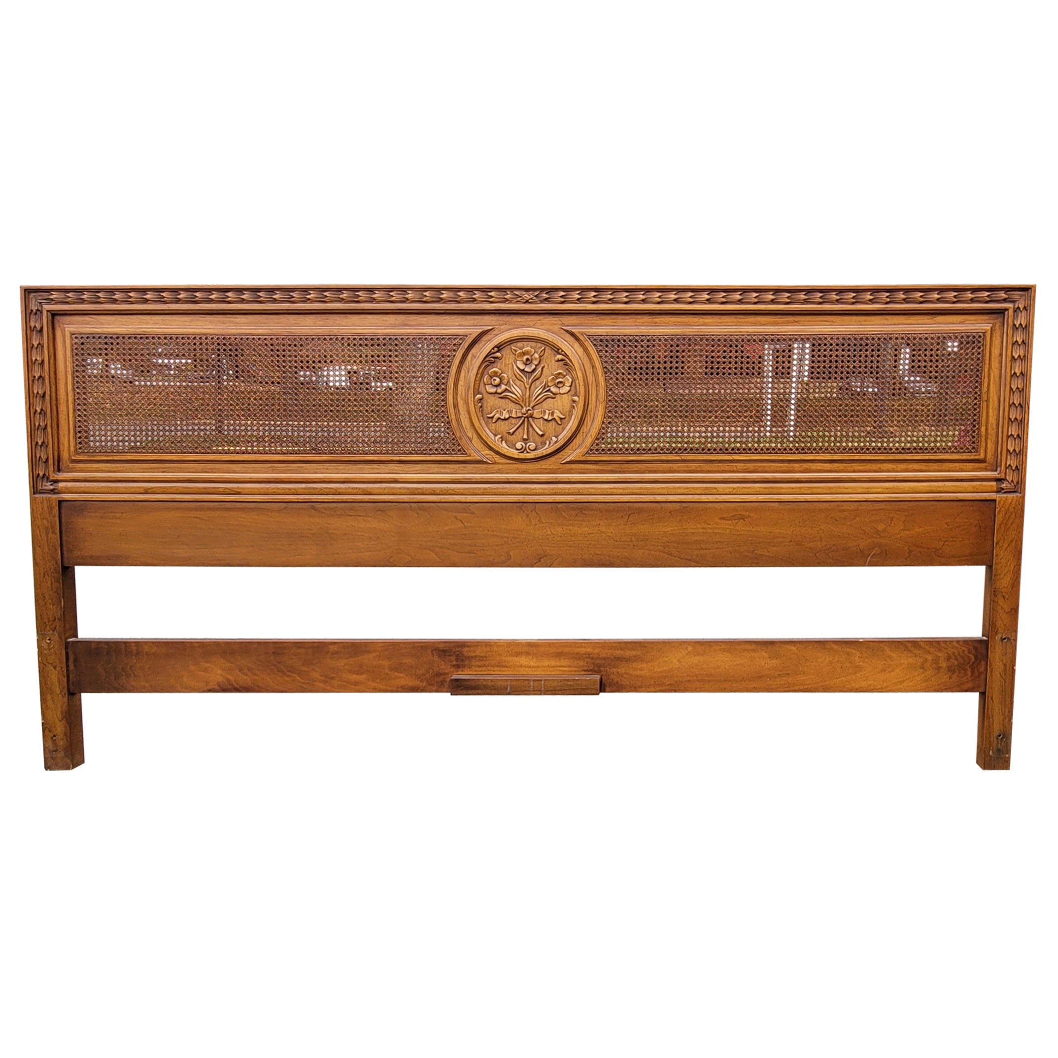 Mid-Century Henredon Custom Folio Carved Walnut and Cane King Size Headboard