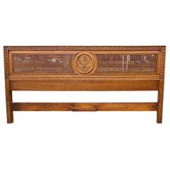 Mid-Century Henredon Custom Folio Carved Walnut and Cane King Size Headboard
