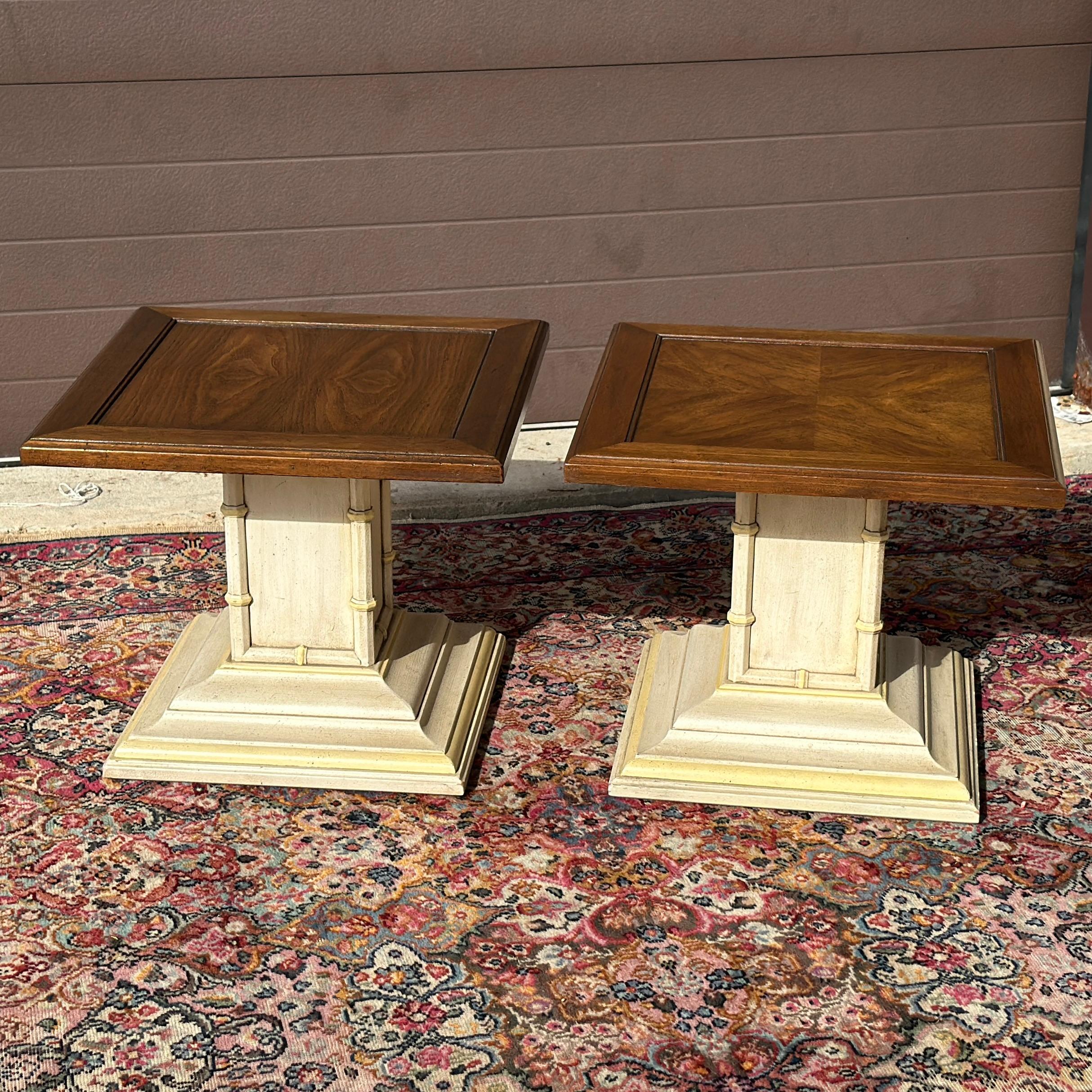 Pair Mid-Century Henredon Low Square Side Tables featuring walnut tops over painted pedestal bases with faux bamboo detailing.
Tops are 20” square
Bases are 16” square 