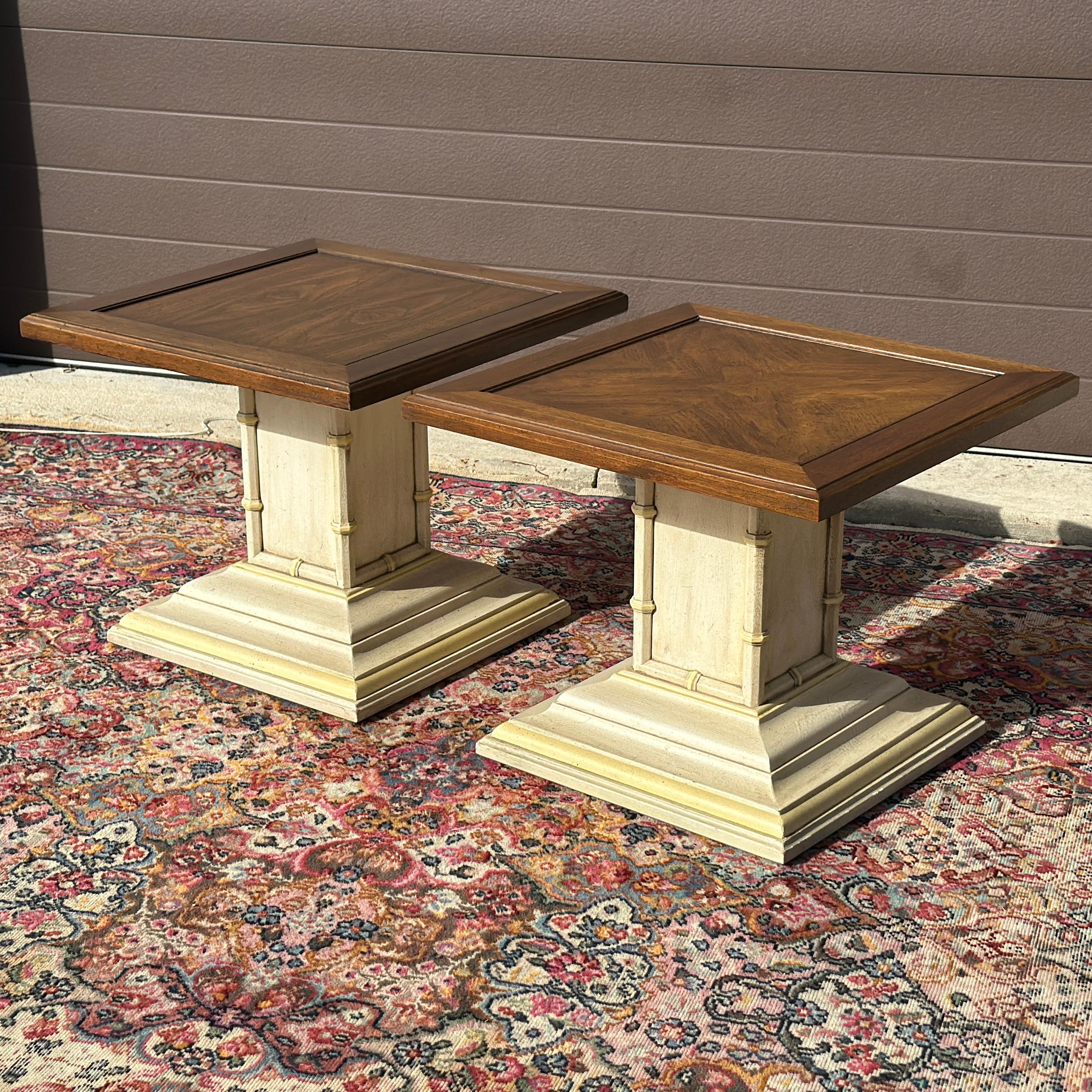 Hollywood Regency Mid-Century Henredon Faux Bamboo Low Square Side Tables - A Pair For Sale