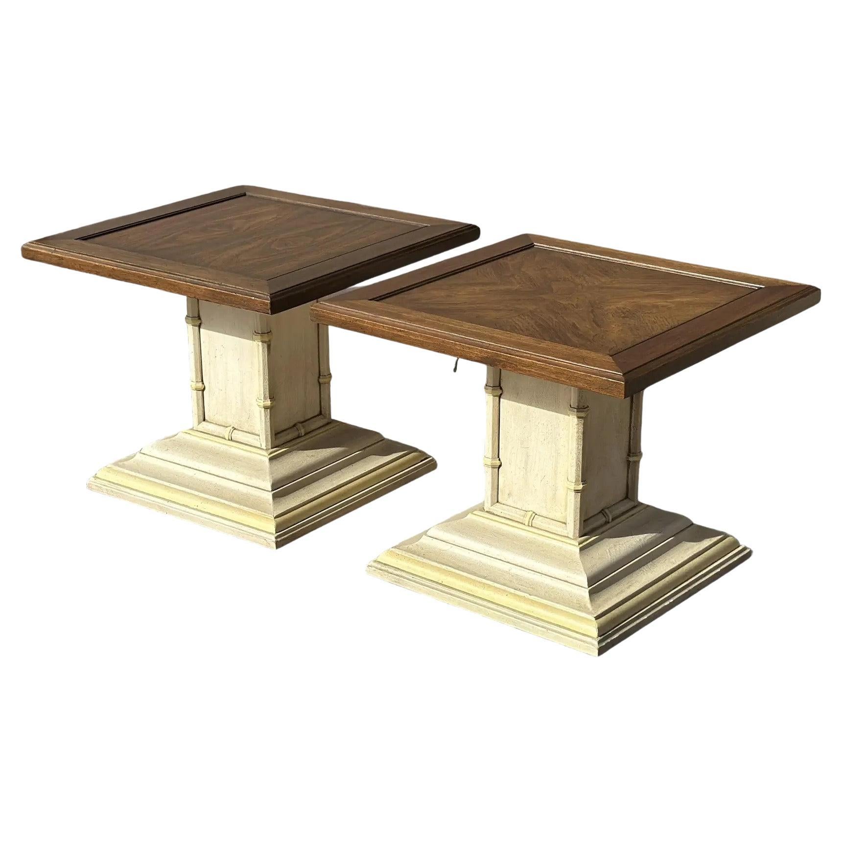 Mid-Century Henredon Faux Bamboo Low Square Side Tables - A Pair For Sale