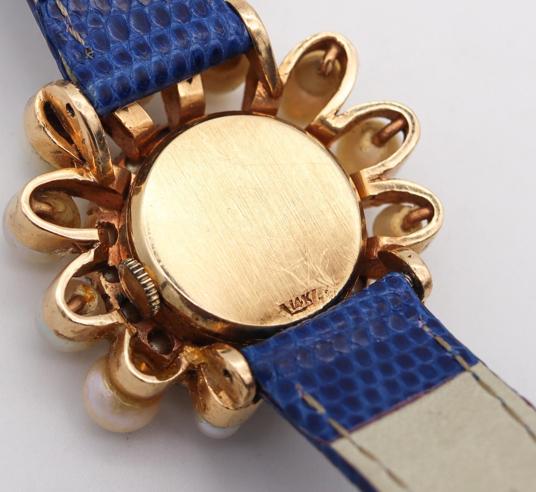 Round Cut Mid Century Henso Retro Wrist Watch in 14kt Gold with Graduated Pearls For Sale