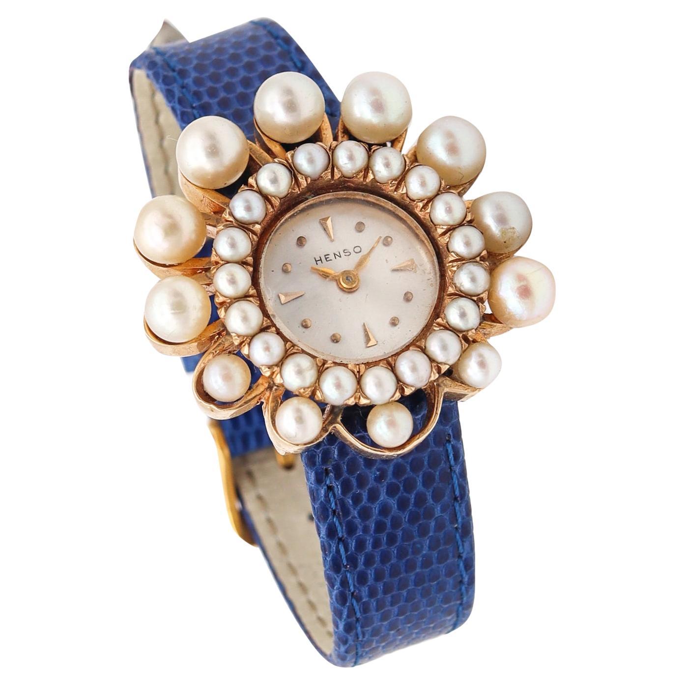 Mid Century Henso Retro Wrist Watch in 14kt Gold with Graduated Pearls For Sale