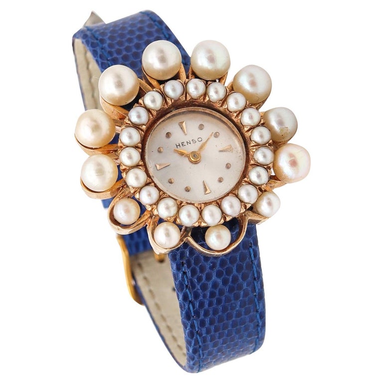 Mid Century Henso Retro Wrist Watch in 14kt Gold with Graduated Pearls ...
