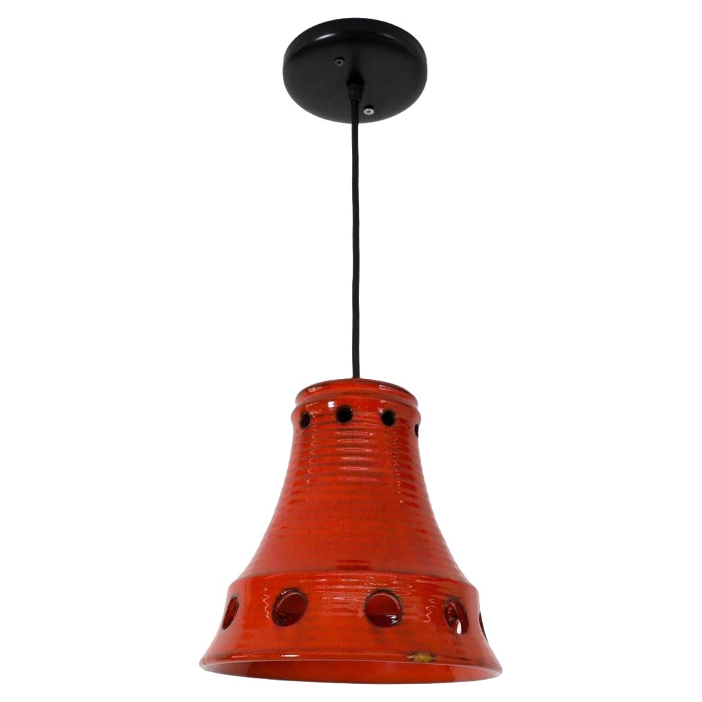 Mid-Century Herda Bell Pendant, Red Glazed Ceramic, Circular Cut-Outs For Sale
