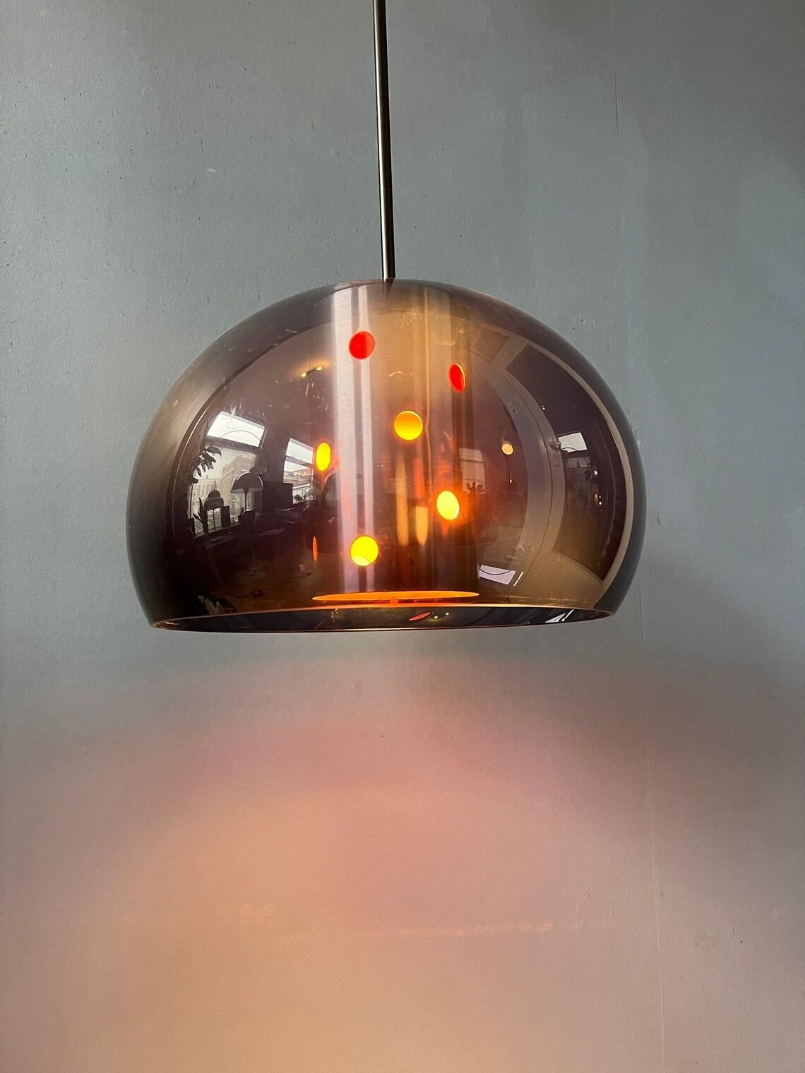 Mid century Herda space age pendant lamp with purple/blue mushroom shade and 'disco' light. The lamp has an acrylic glass outer shade and aluminium inner shade. Together they produce a nice 'disco' light. The lamp requires one E27/26