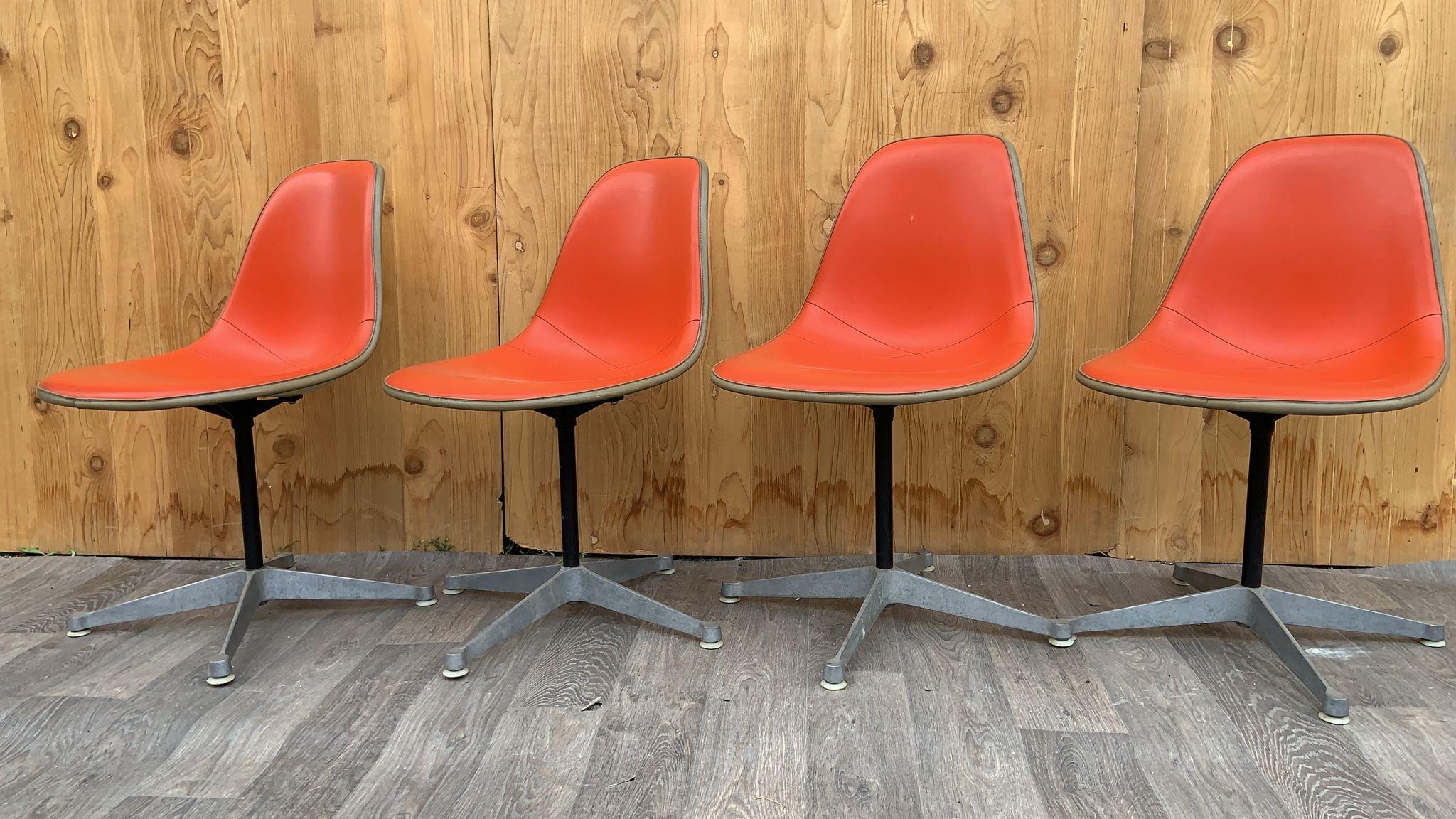 Mid-Century Herman Miller Swivel Shell Chairs in Red Orange Vinyl - Set of 4 For Sale 3