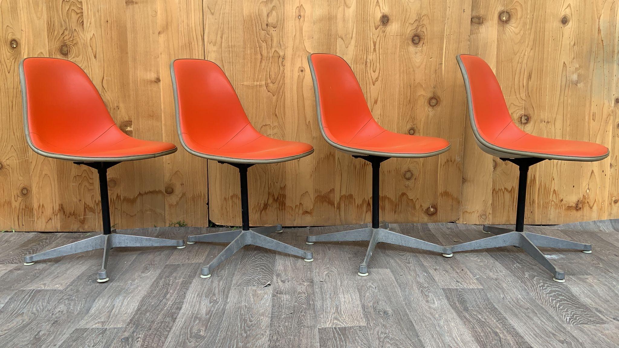 Mid-Century Herman Miller Swivel Shell Chairs in Red Orange Vinyl - Set of 4 For Sale 4