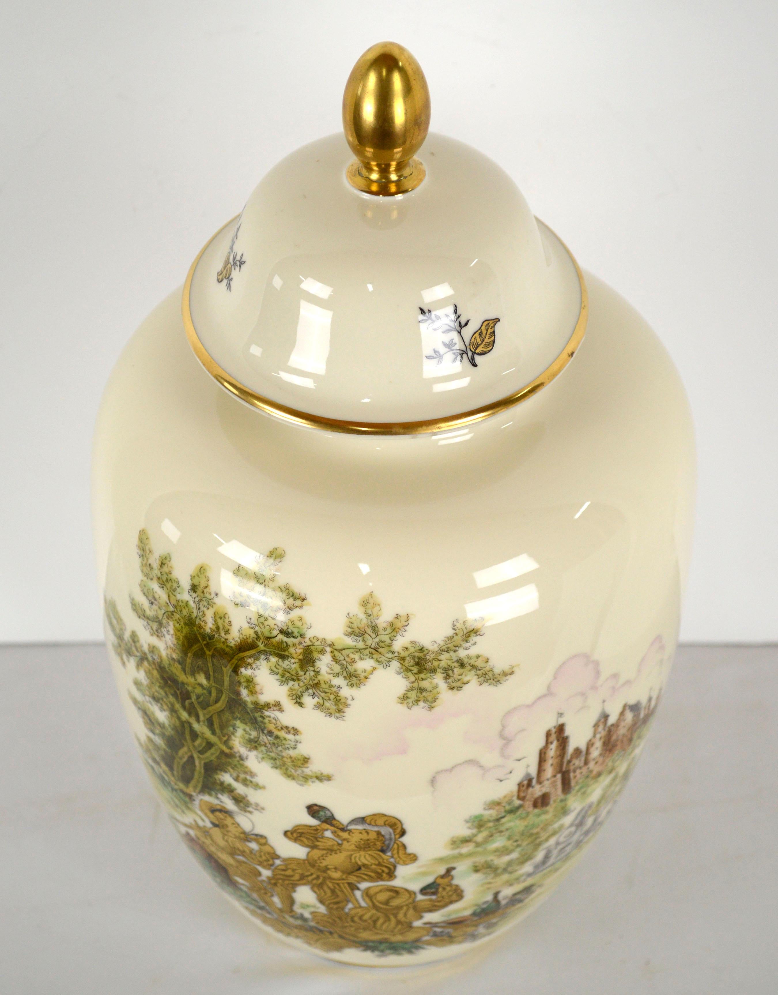 A lovely mid-century Bavarian porcelain ginger jar with gold trim and gilt details by Hertel-Jacob Porzellan (German, 1906-1979). This large ginger jar is ornately decorated with a highly detailed romantic figurative landscape scene, in which three