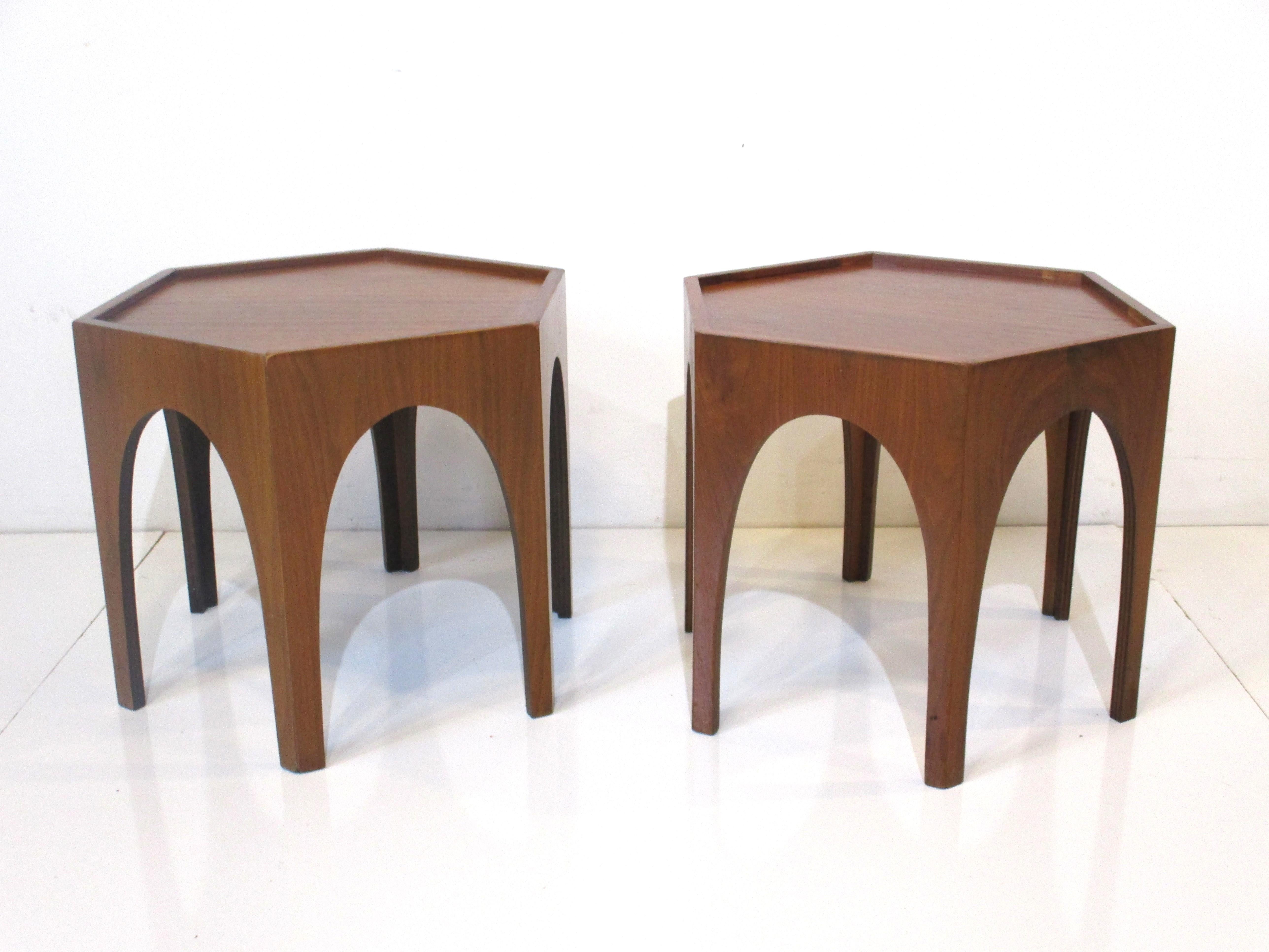Mid Century Hexagon Walnut Side Tables in the style of Heritage 4