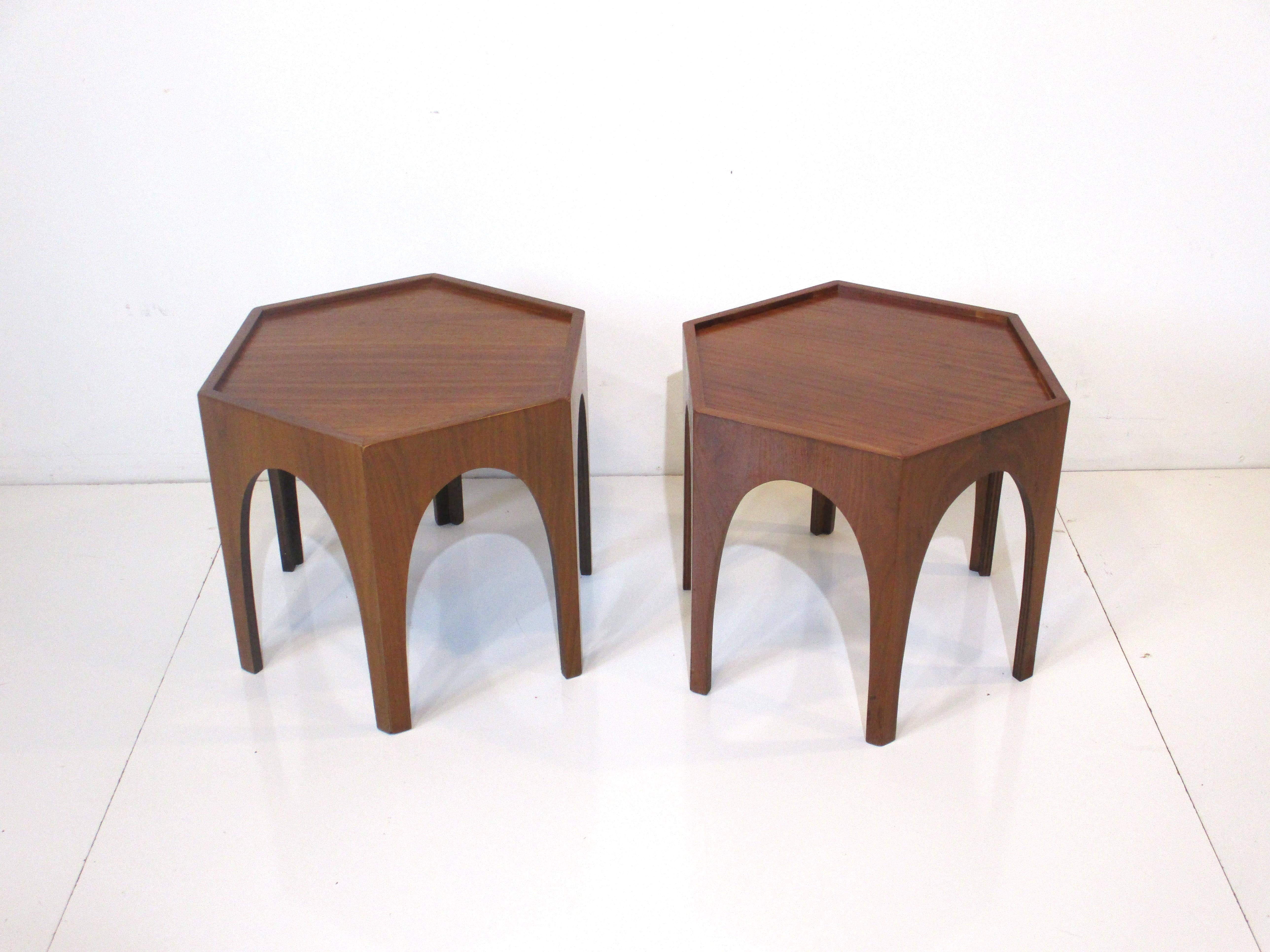 American Mid Century Hexagon Walnut Side Tables in the style of Heritage